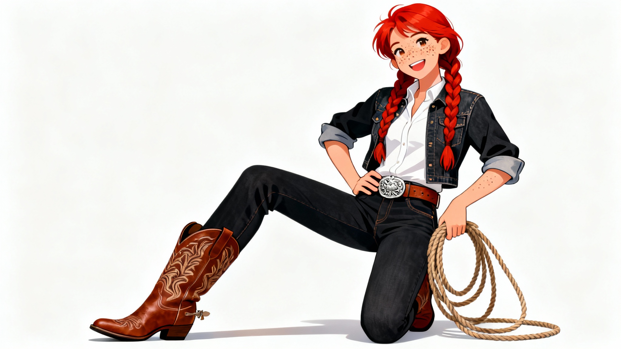 A digital illustration of a cowgirl character design, showing a full-body view of a woman with red braids, a denim jacket, and cowboy boots, holding a lasso against a plain white background.