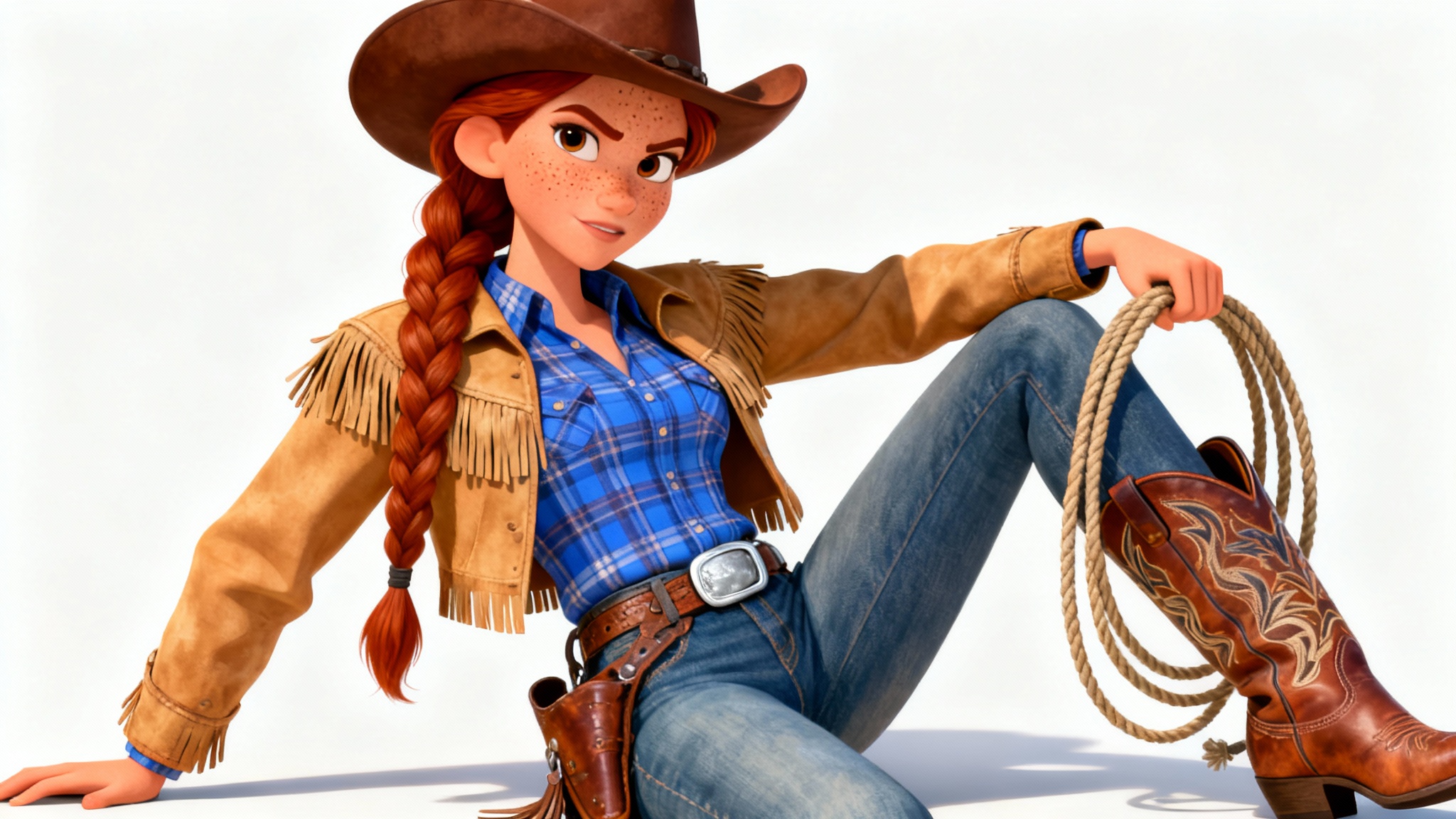 A full-body digital painting of a stylized cowgirl character design, shown in a confident pose against a plain white background.