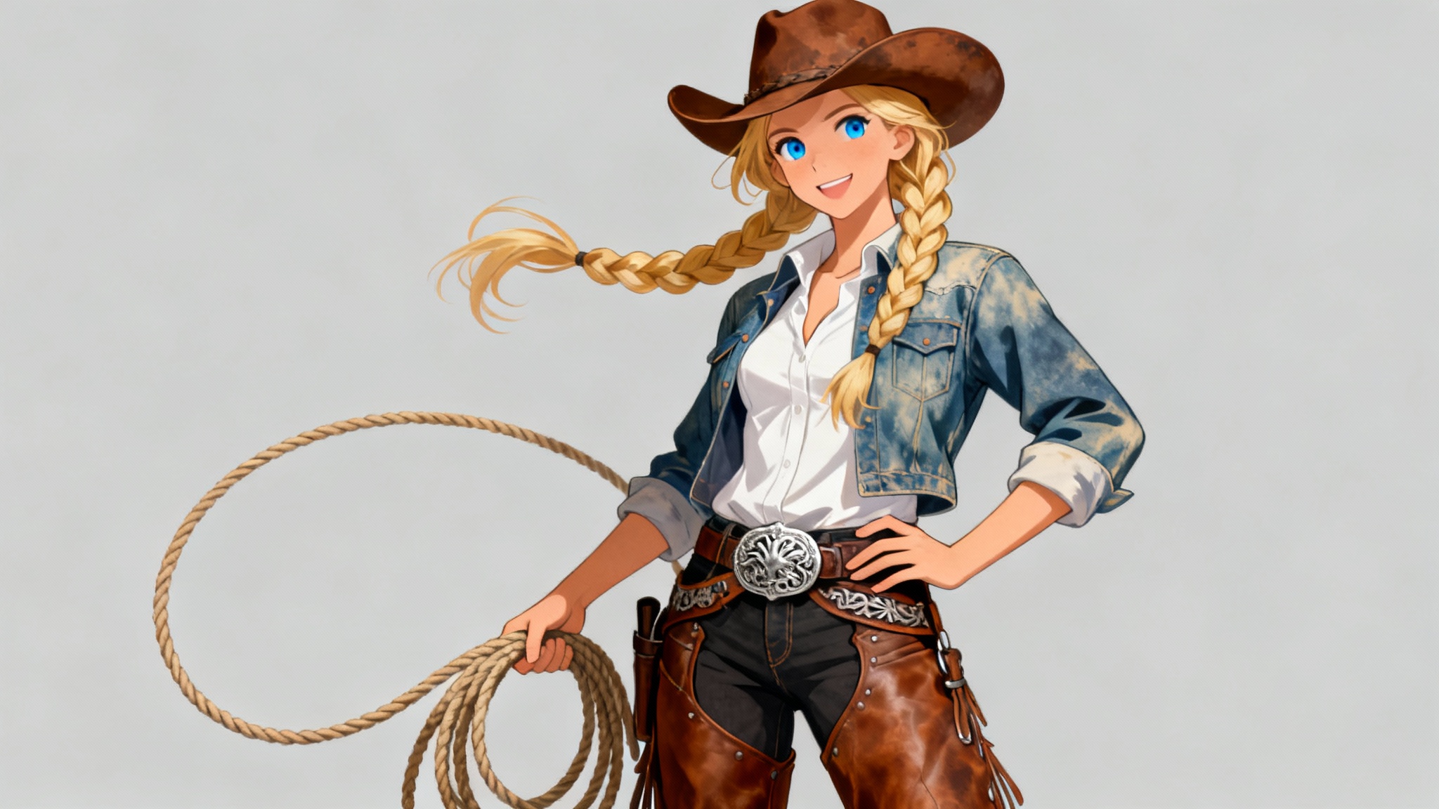 A full-body digital illustration of a cowgirl character design, featuring a confident cowgirl with braided hair, a denim jacket, and leather chaps, holding a lasso against a plain light grey background.