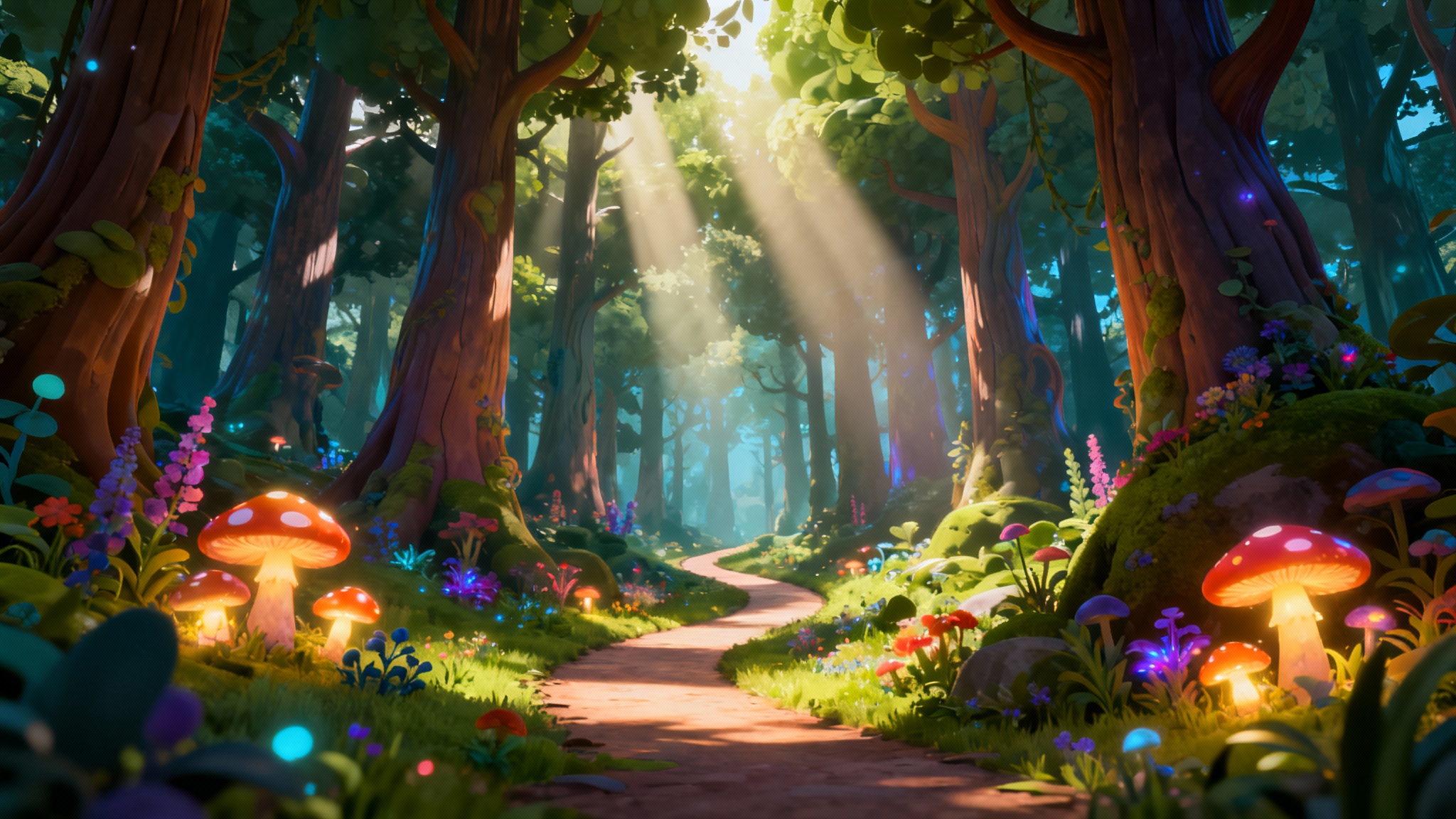 A beautiful and magical cartoon forest background in a wide 16:9 aspect ratio, showing a sunlit path winding through stylized trees and glowing plants, creating a sense of wonder.