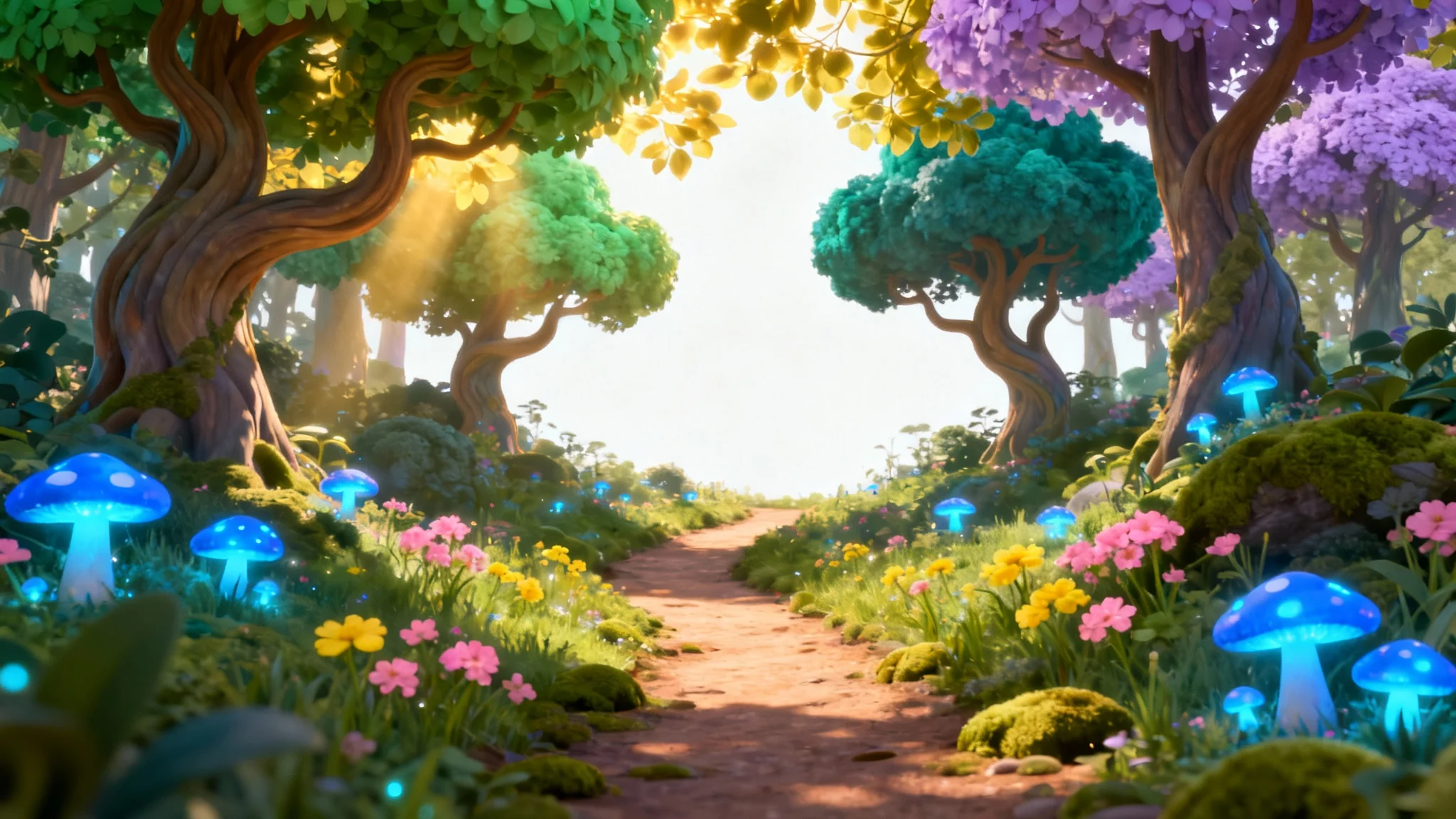 A vibrant cartoon forest background with whimsical, tall trees, a winding path, glowing mushrooms, and sunlight filtering through the canopy.