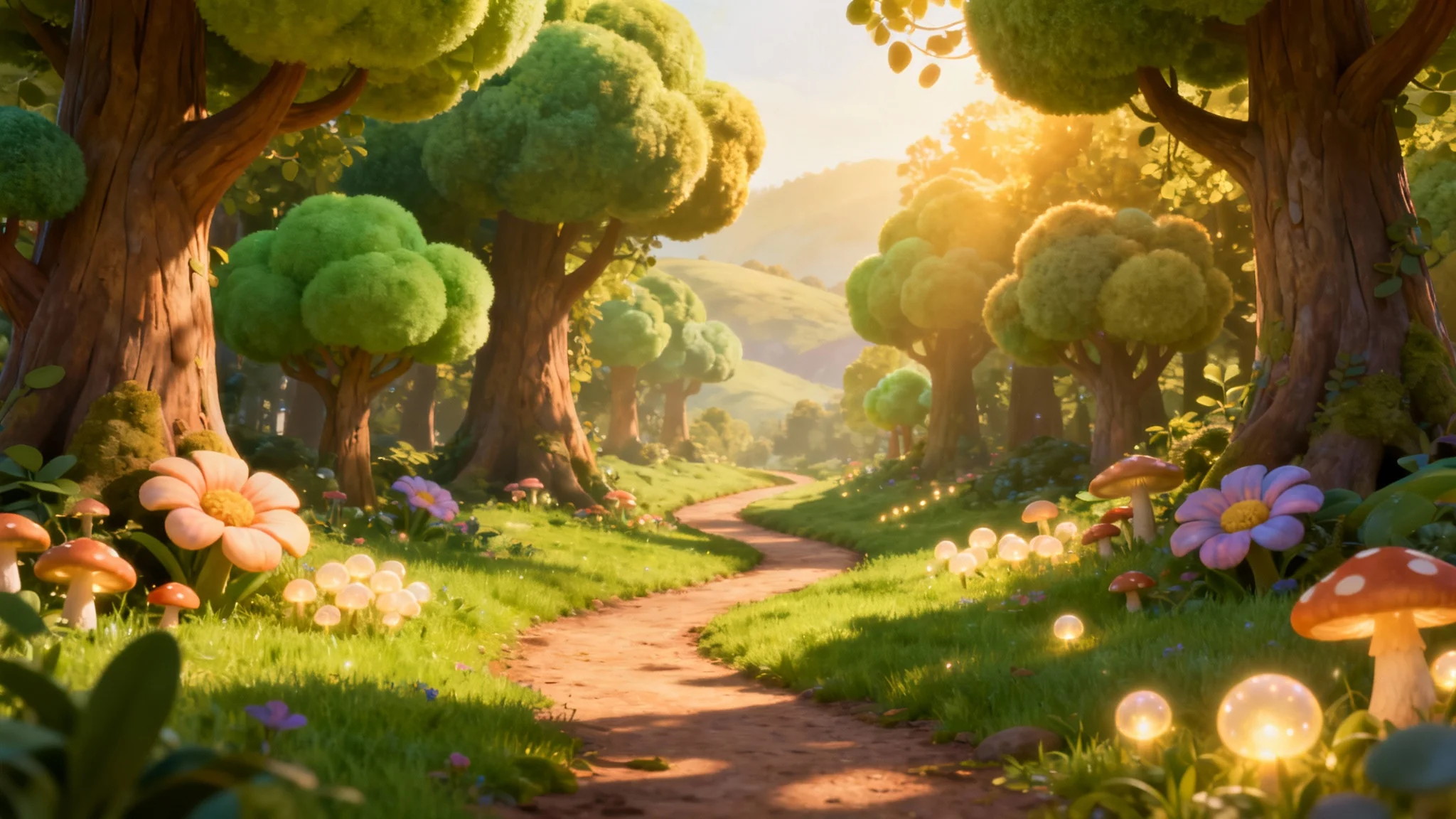 A whimsical cartoon illustration of a vibrant, magical forest. A winding path leads through tall, stylized trees, past glowing mushrooms and colorful flowers, with dappled sunlight filtering through the canopy.