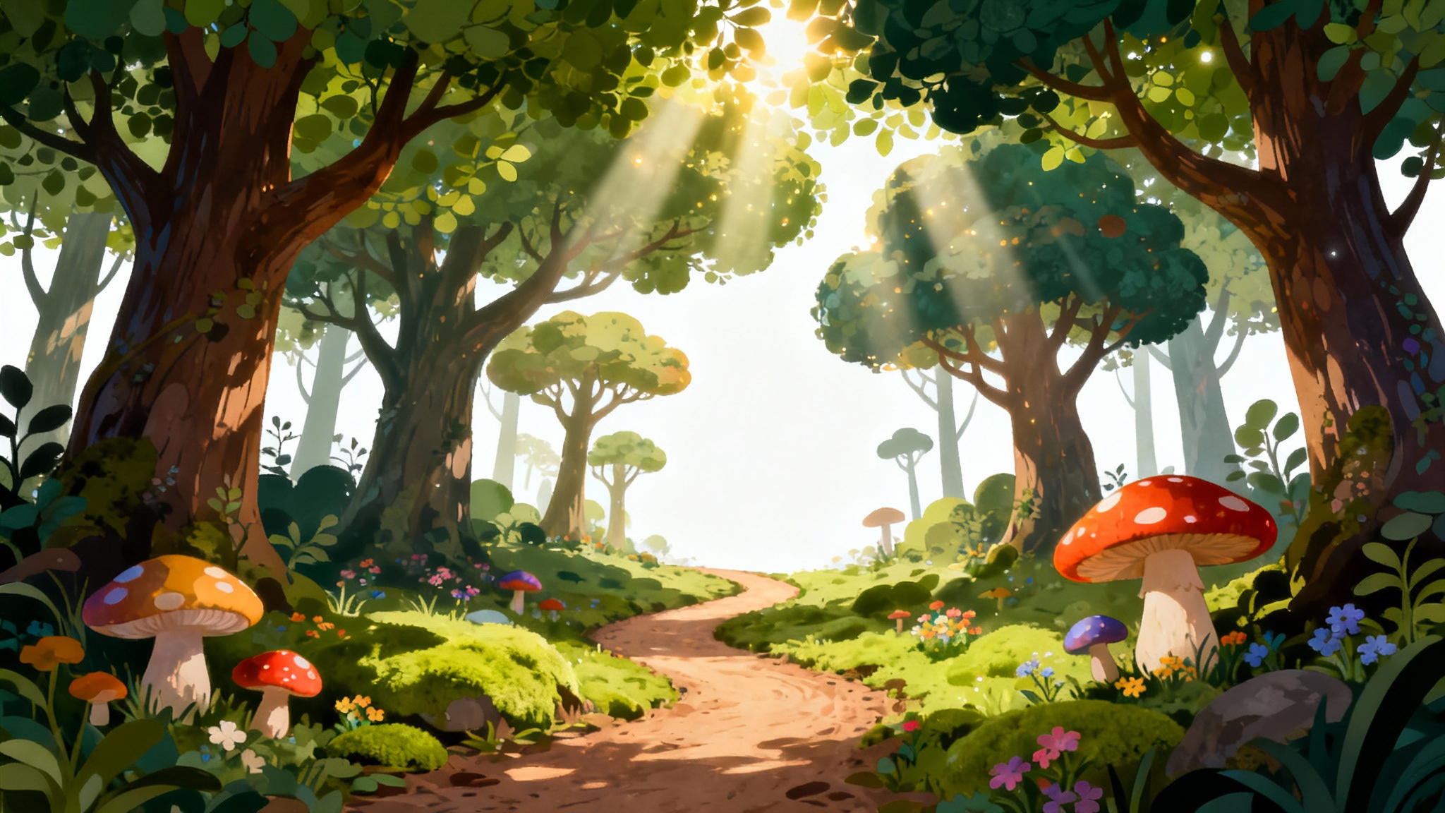 A whimsical cartoon illustration of an enchanted forest background. A dirt path winds through tall, stylized trees with lush green leaves as sunlight streams down in golden rays. Colorful mushrooms and flowers grow on the forest floor.