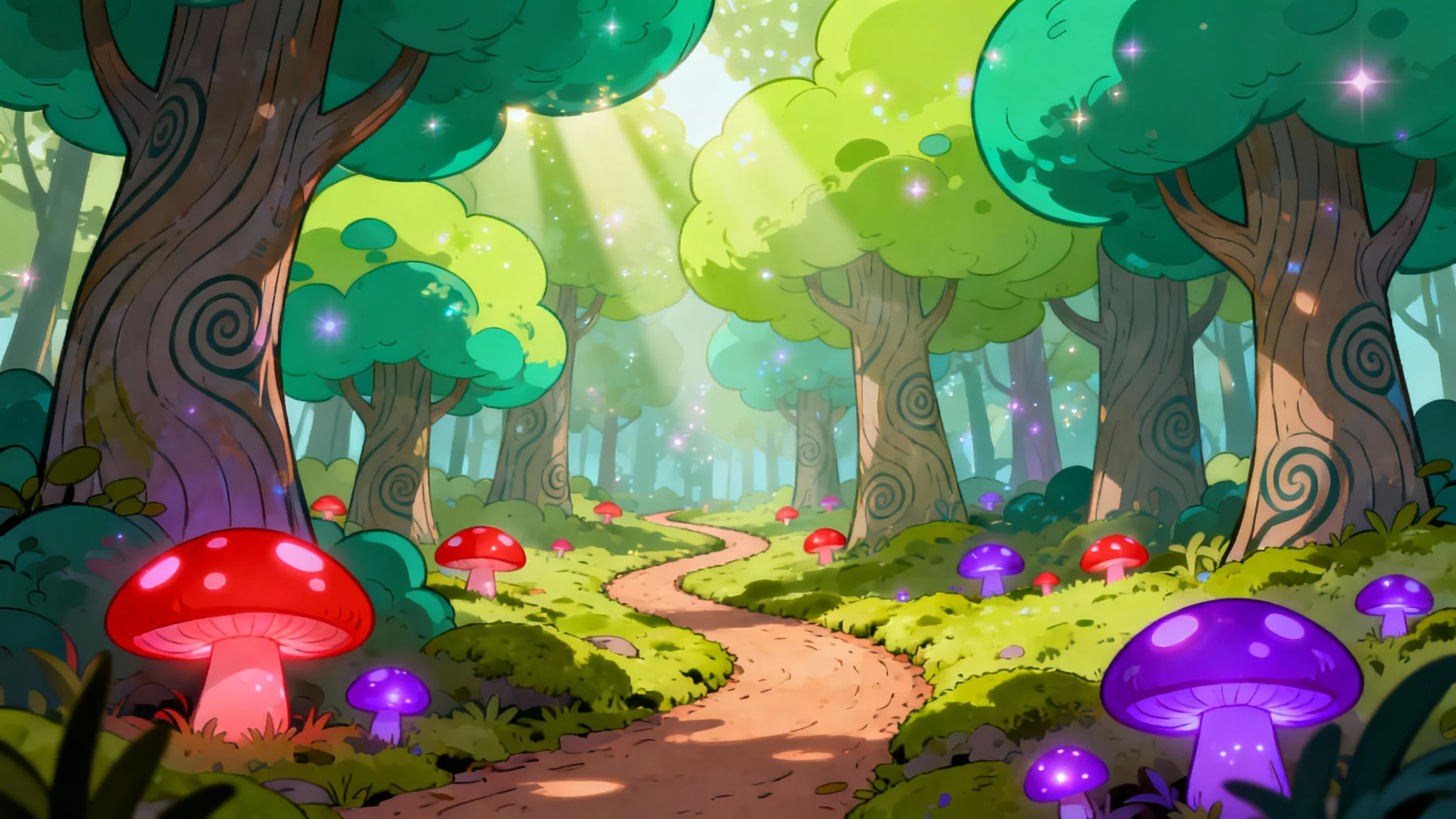 A whimsical cartoon illustration of an enchanted forest background, featuring stylized trees, large colorful mushrooms, and sunbeams filtering through the leaves.