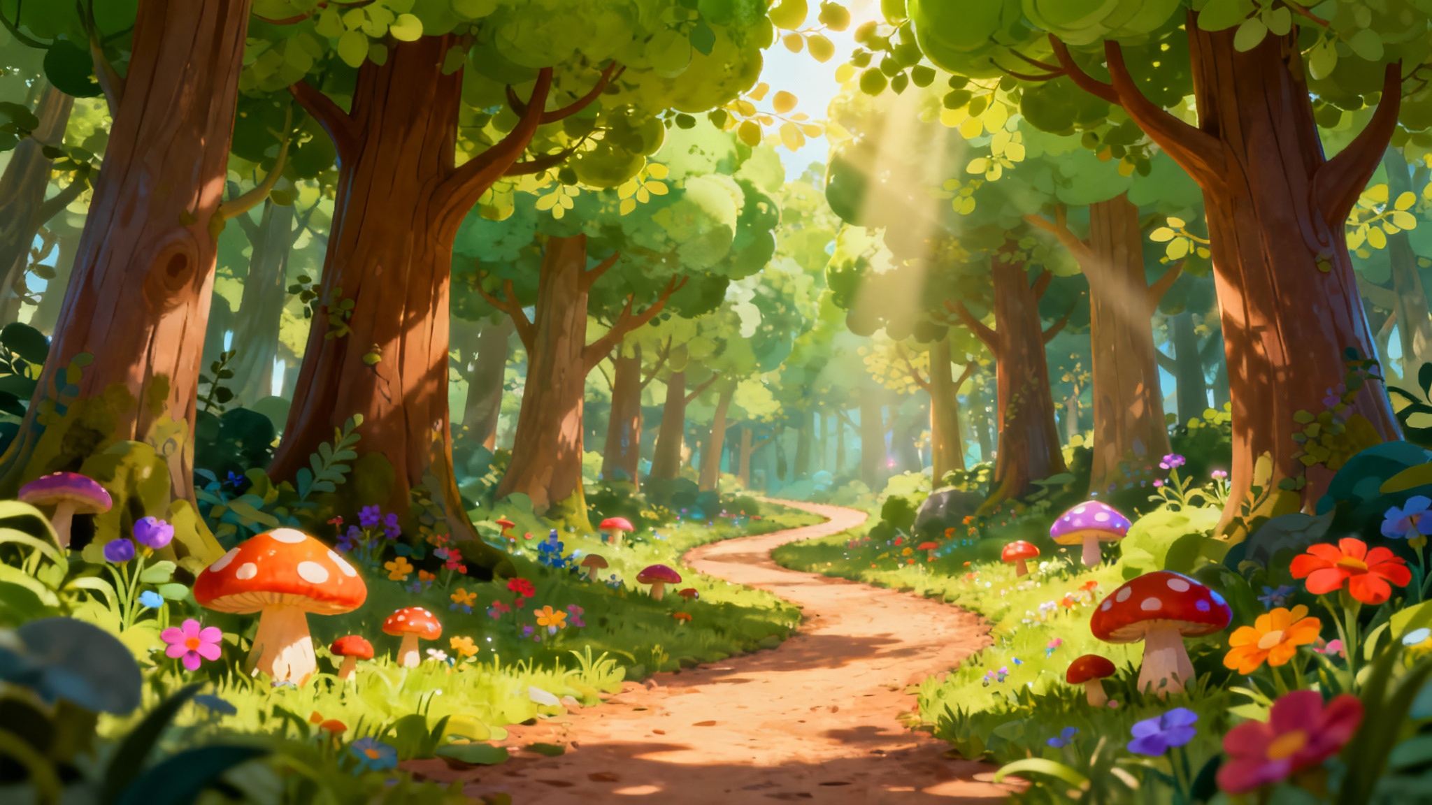 A vibrant cartoon illustration of an enchanting forest background, featuring tall stylized trees, a winding path, and colorful mushrooms, all bathed in soft sunlight.