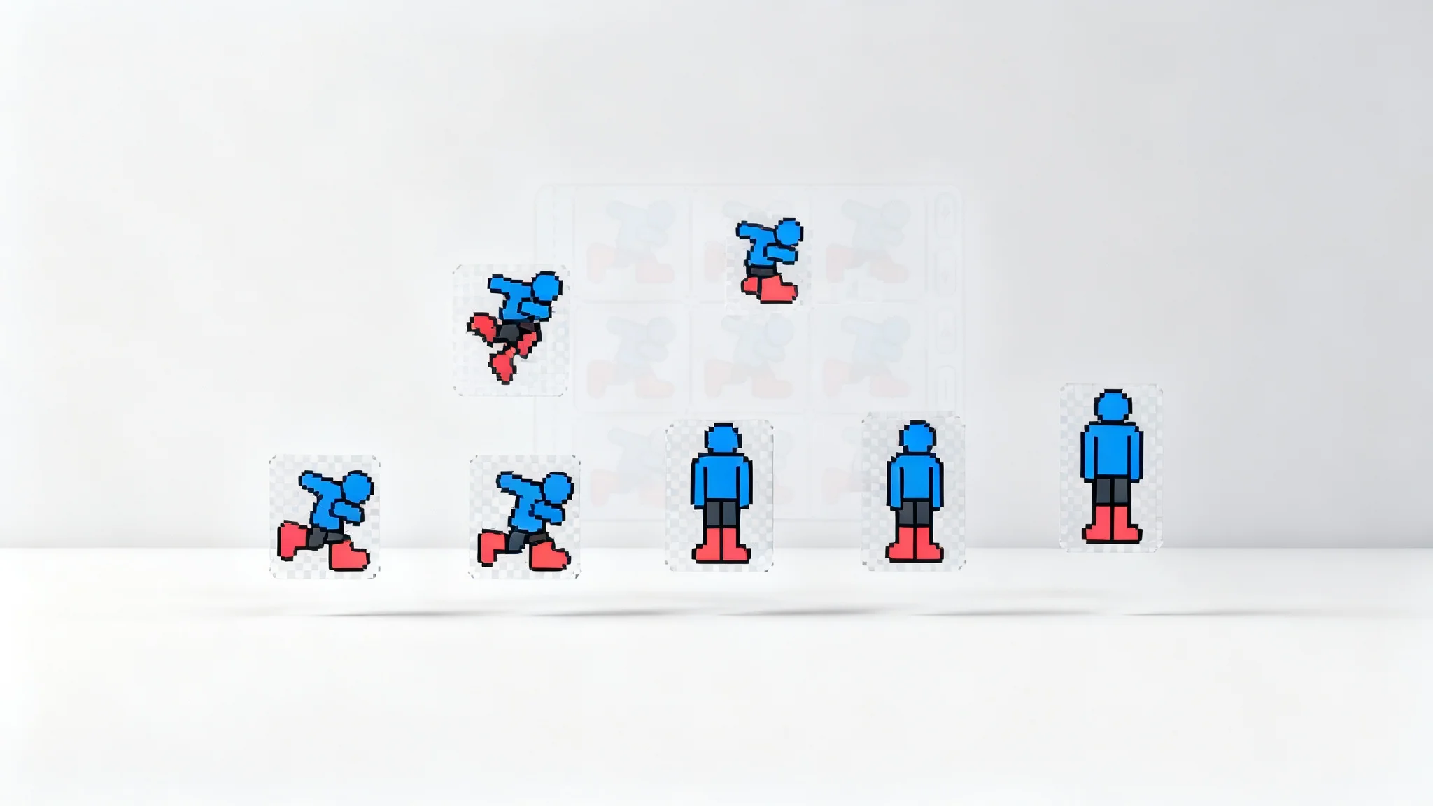 A collection of individual sprite frames from a video game character animation, perfectly cut out and arranged against a light grey background, demonstrating the result of a spritesheet cutter tool.