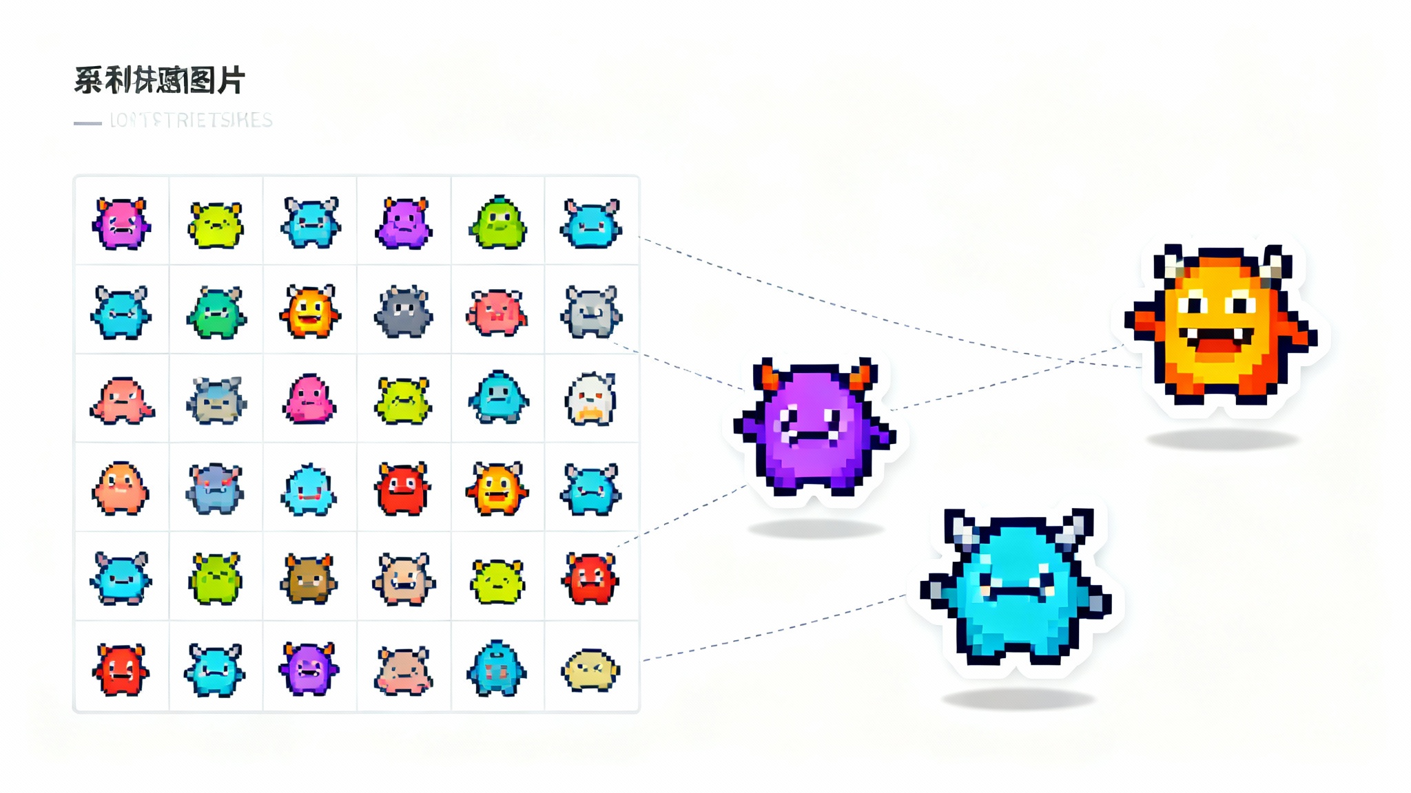 A conceptual illustration of a spritesheet cutter, showing a pixel art animation sheet on one side and individual, perfectly cut sprites floating separately on the other against a white background.