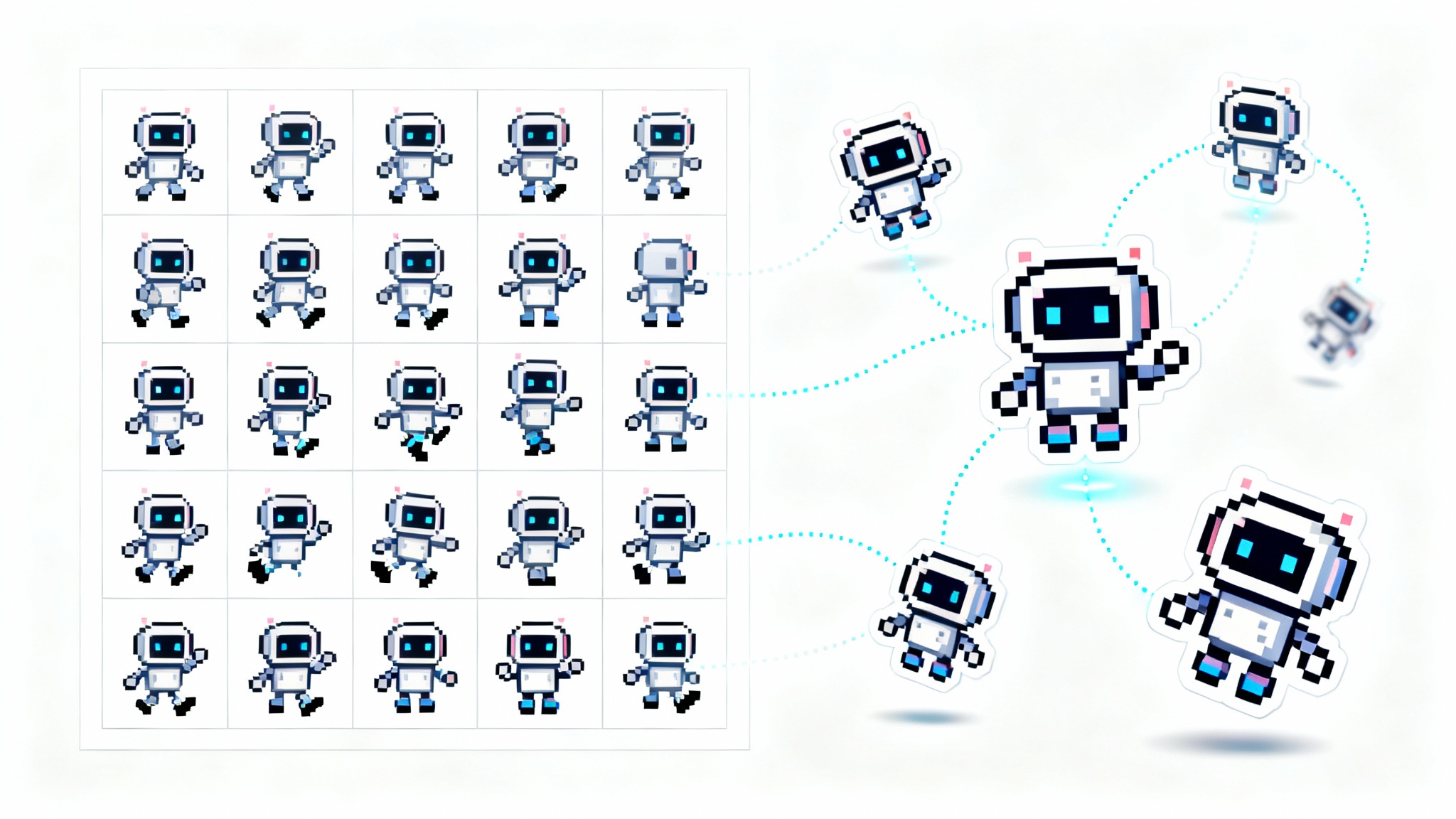 A visual mockup of a spritesheet cutter tool. On the left, a full spritesheet of a pixel art robot. On the right, individual sprites of the robot are shown cut out and separated, with dotted lines indicating where they were cut from.
