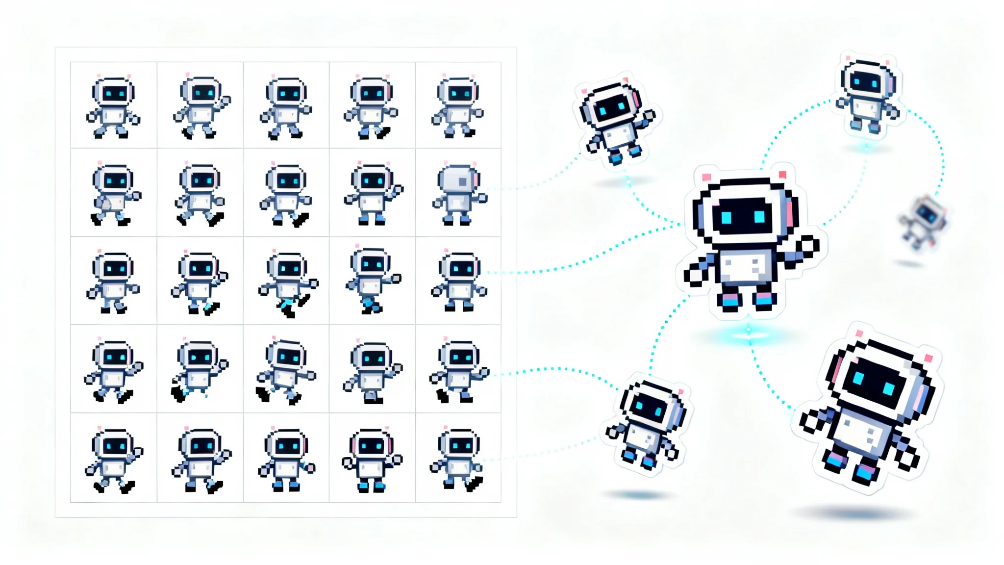 A visual mockup of a spritesheet cutter tool. On the left, a full spritesheet of a pixel art robot. On the right, individual sprites of the robot are shown cut out and separated, with dotted lines indicating where they were cut from.