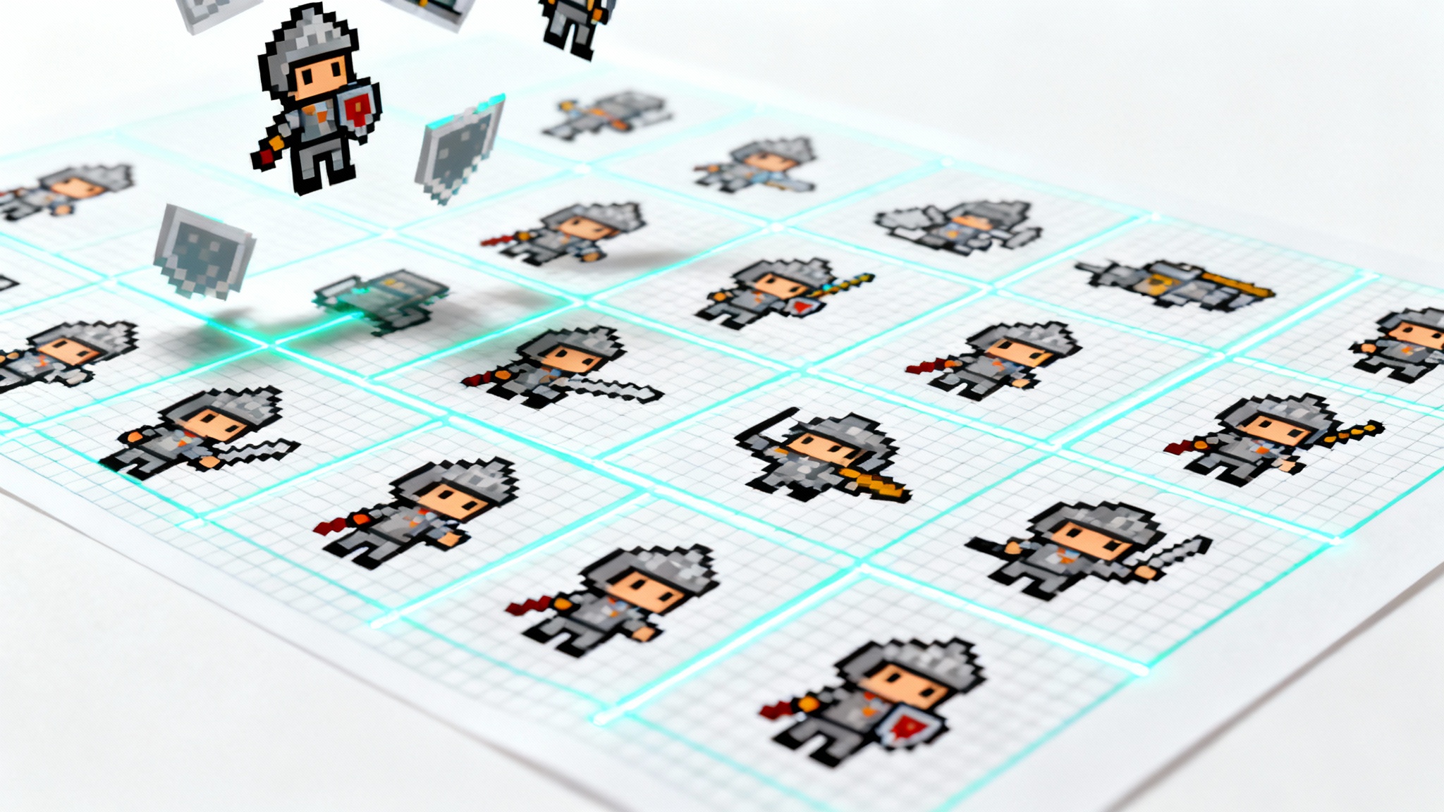 An illustration of a video game spritesheet for a knight character being digitally cut into individual frames. Glowing lines indicate the precise cuts separating the animation poses on a clean white background.