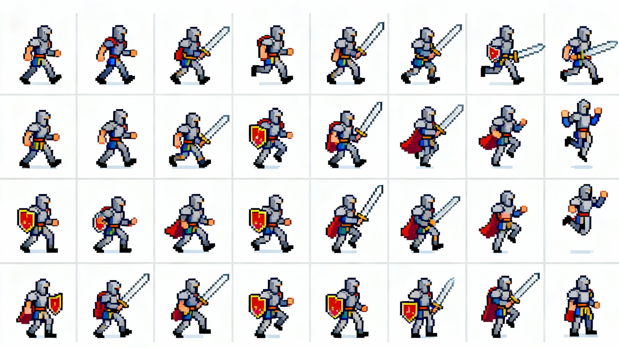 A pixel art spritesheet of a knight character in various animation poses, neatly arranged in a grid on a white background, representing assets for a video game.