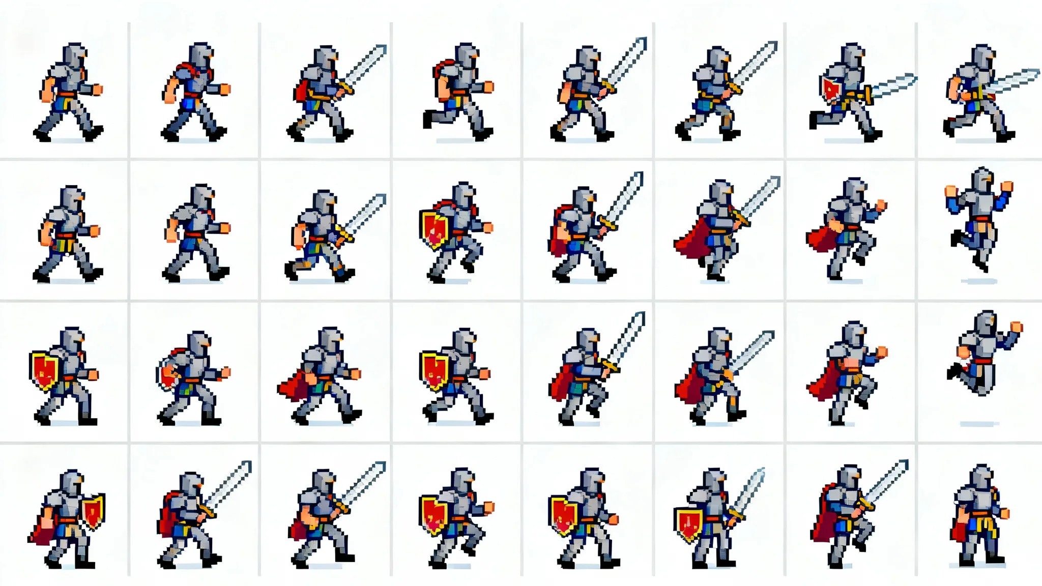 A pixel art spritesheet of a knight character in various animation poses, neatly arranged in a grid on a white background, representing assets for a video game.