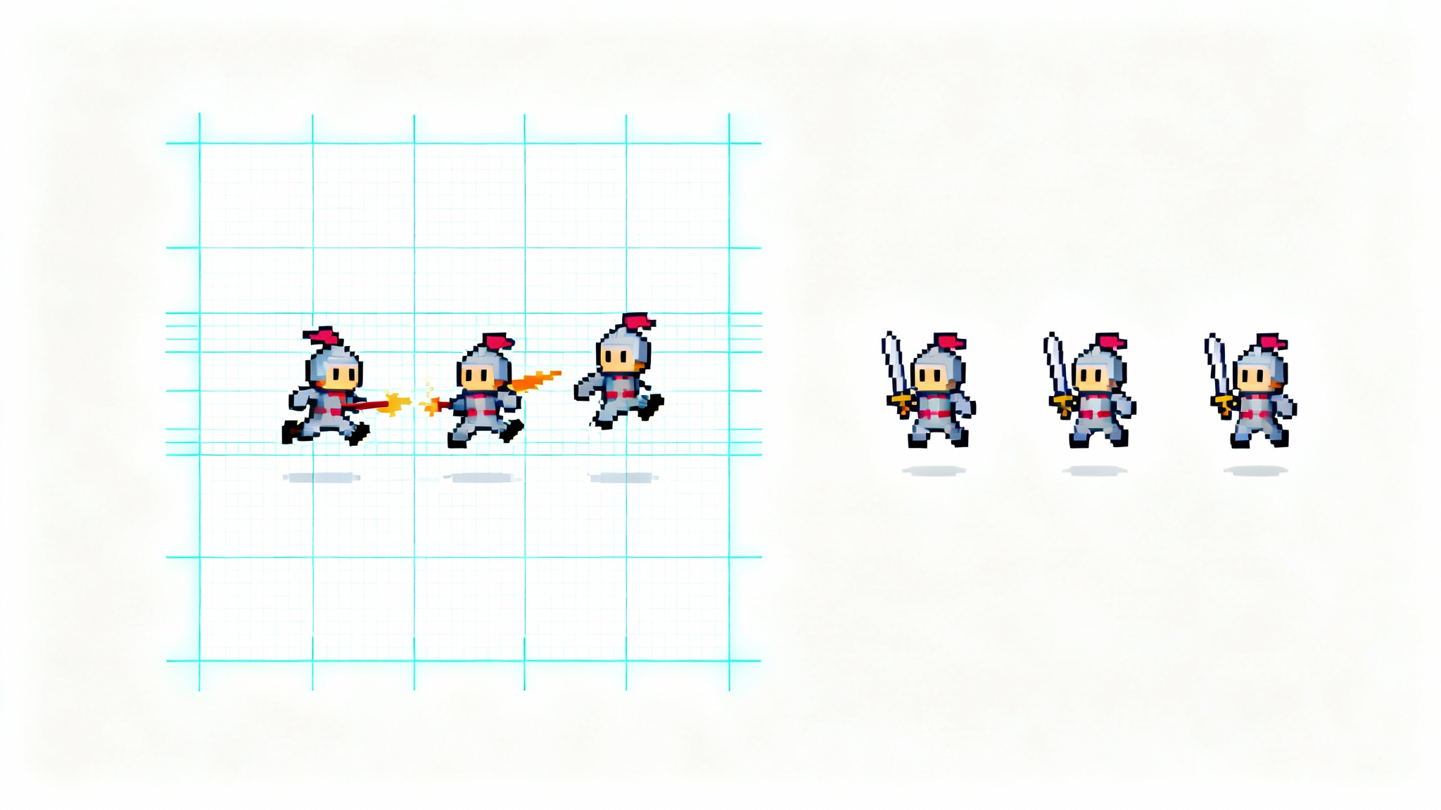 A mockup illustrating a spritesheet cutter, showing a full pixel art spritesheet of a knight character on one side and three individual, perfectly cut-out sprites from that sheet on the other.