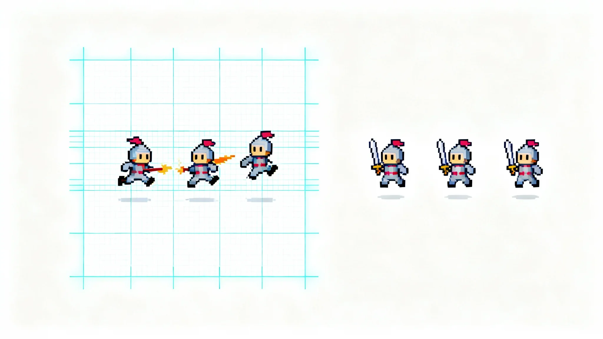 A mockup illustrating a spritesheet cutter, showing a full pixel art spritesheet of a knight character on one side and three individual, perfectly cut-out sprites from that sheet on the other.