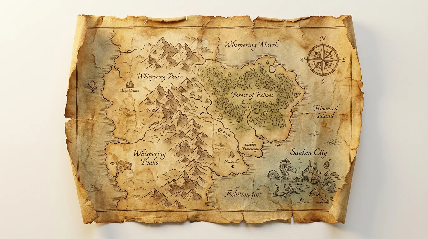 A final design of a fantasy map presented on an ancient scroll texture, featuring detailed illustrations and calligraphy. The aged paper effect is prominent, with creases and frayed edges, showcased in a professional flat lay.