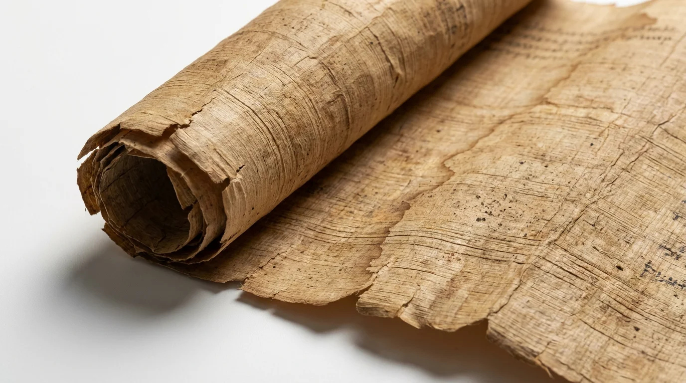 A photorealistic mockup of an ancient scroll texture, showing a partially unrolled piece of yellowed, wrinkled parchment with frayed edges, set against a plain white background.
