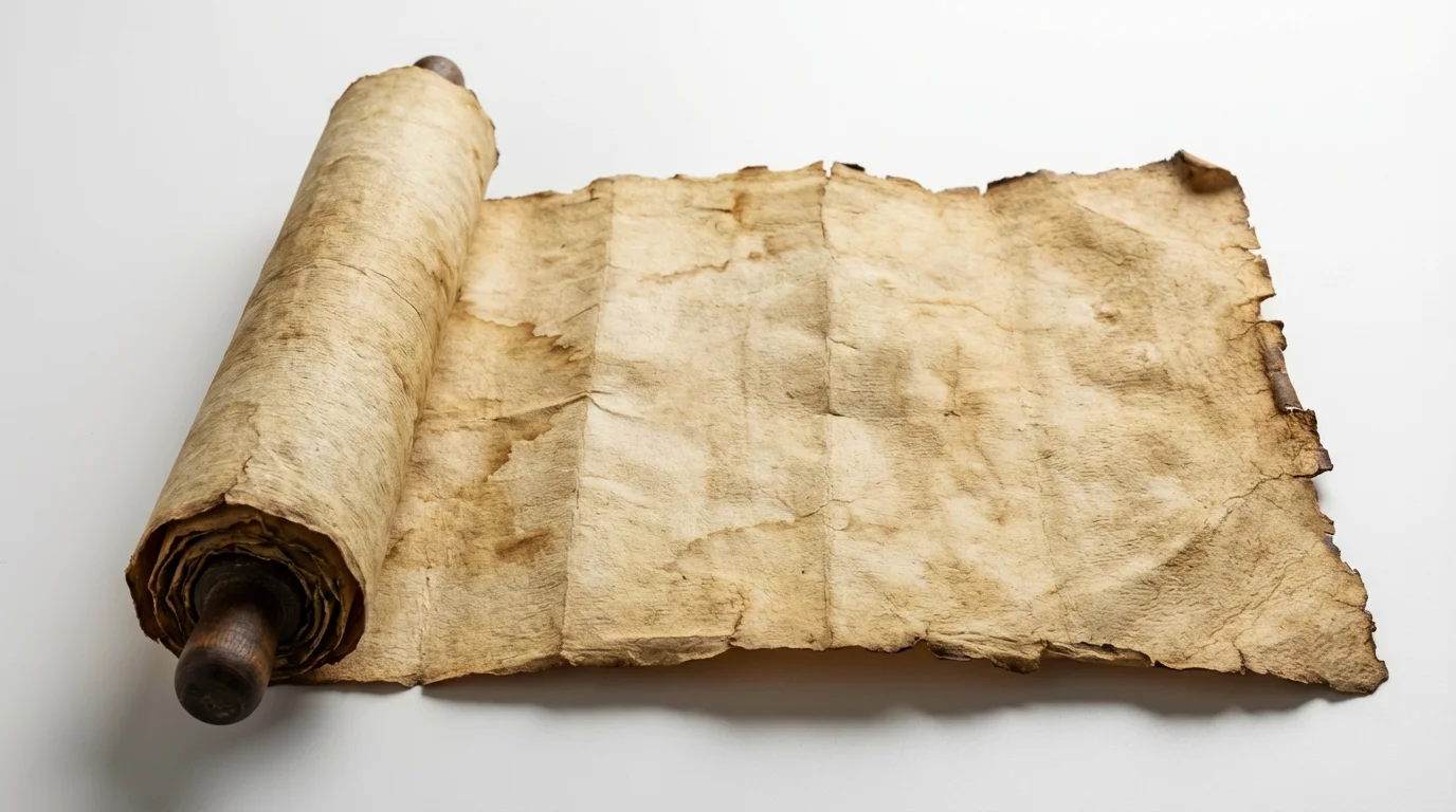 A detailed mockup of an ancient scroll's texture, featuring yellowed, wrinkled parchment with frayed and burnt edges, displayed on a clean white background.
