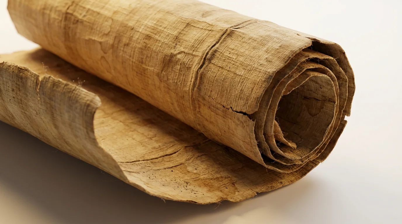 A detailed close-up of an ancient, yellowed scroll's texture, showing its fibers, creases, and frayed edges, presented against a clean white background.