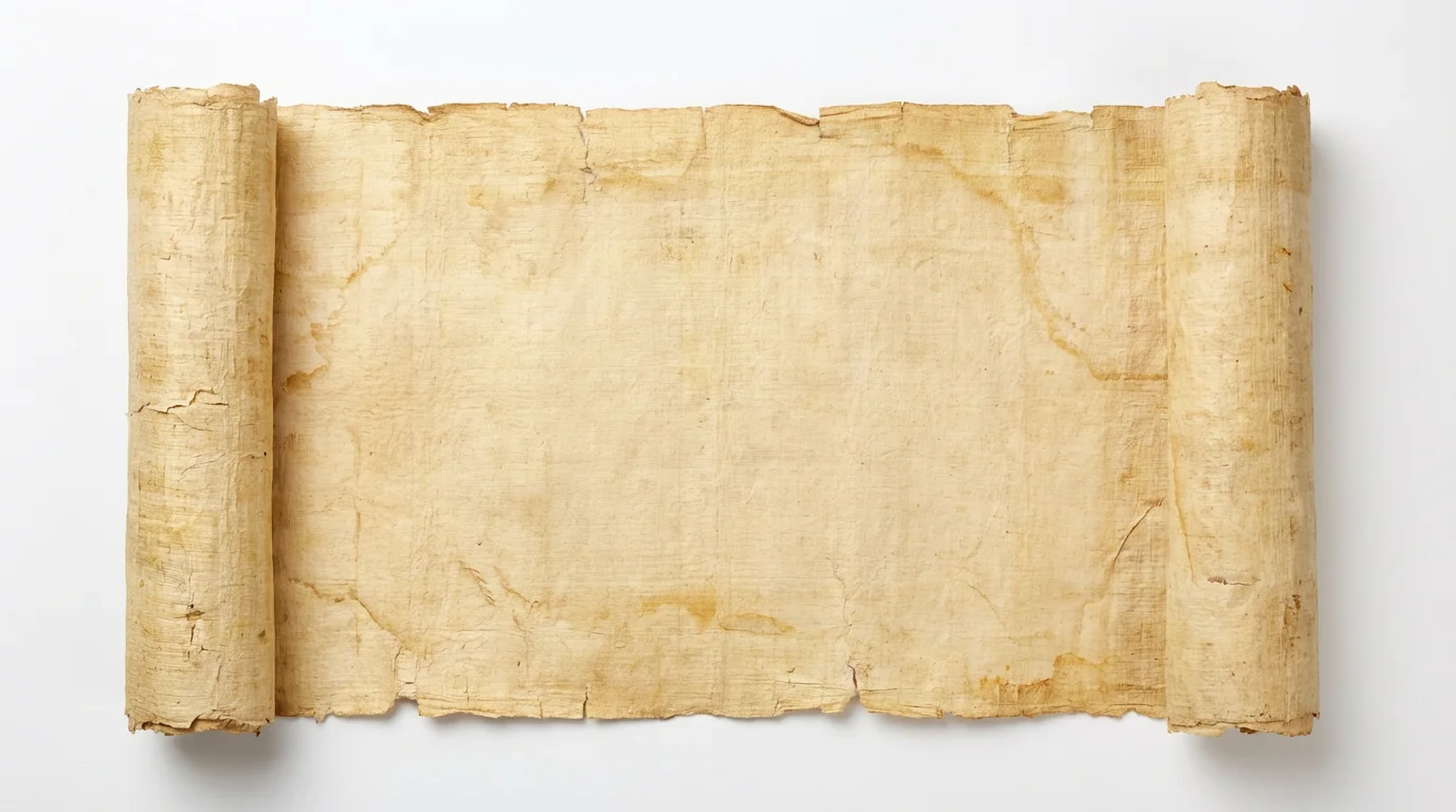 A detailed close-up of an ancient scroll texture, showing the yellowed, fibrous papyrus with frayed edges against a clean white background.