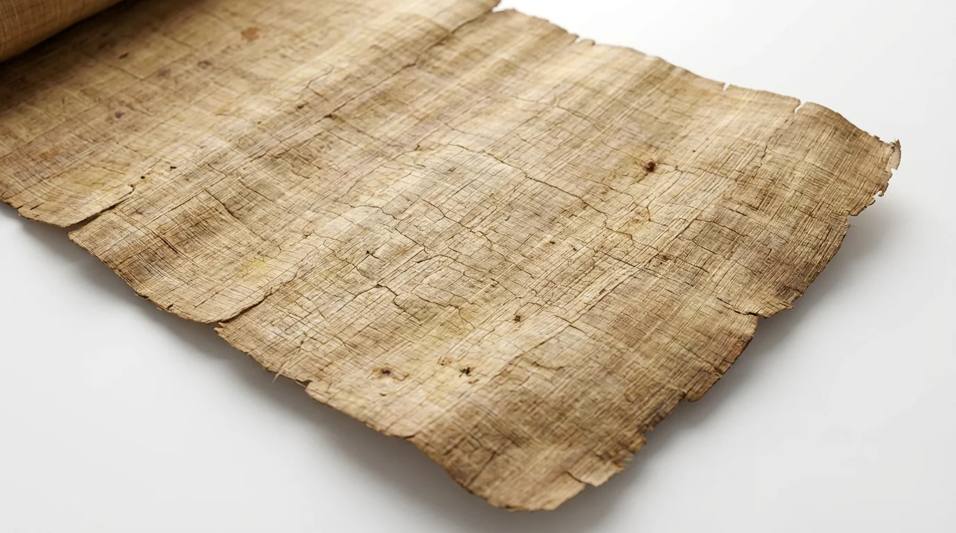 A detailed, close-up mockup of an ancient scroll texture, showing its yellowed, fibrous surface with cracks and frayed edges, presented on a plain white background.