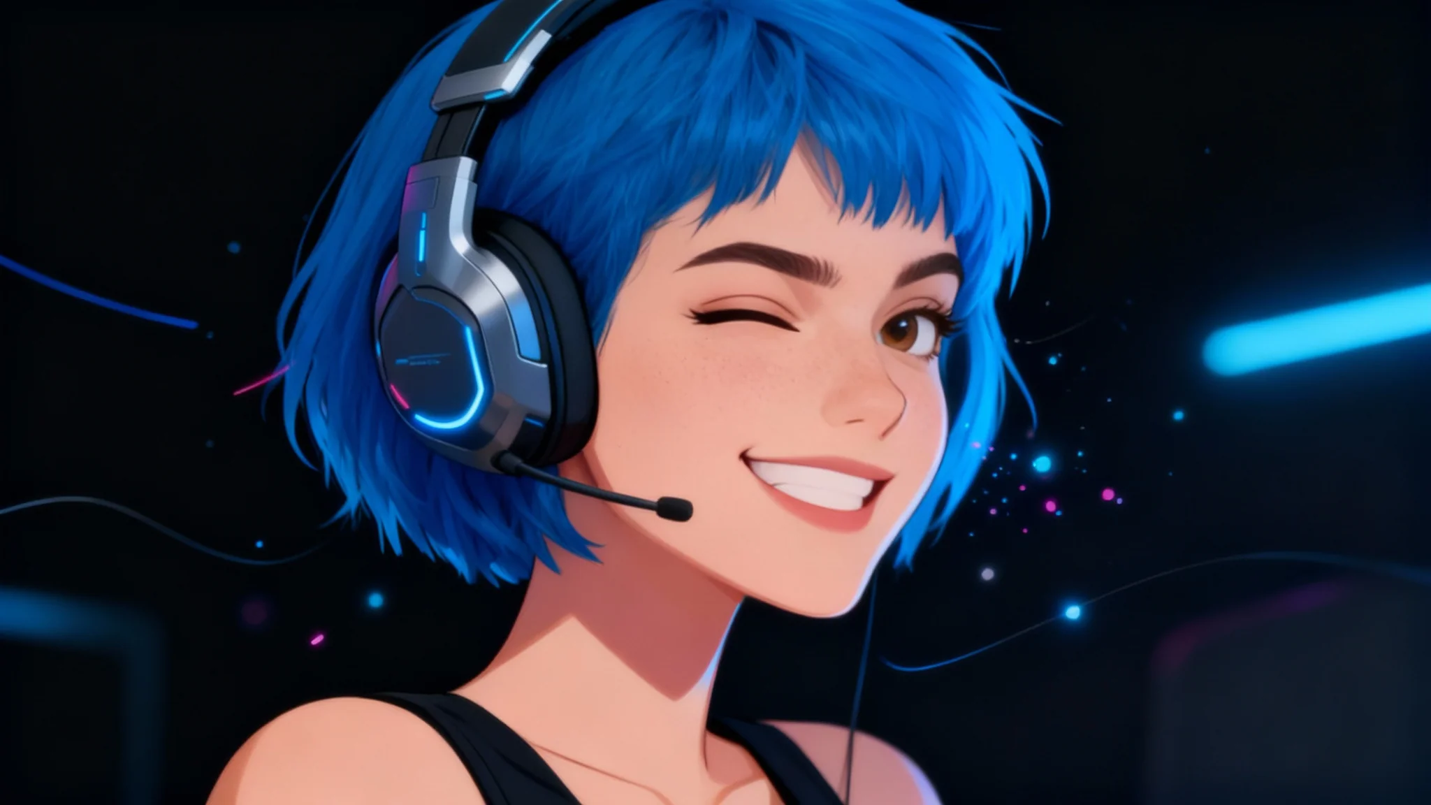 An animated portrait of a woman with short blue hair winking playfully, representing the final result of a face animation tool.