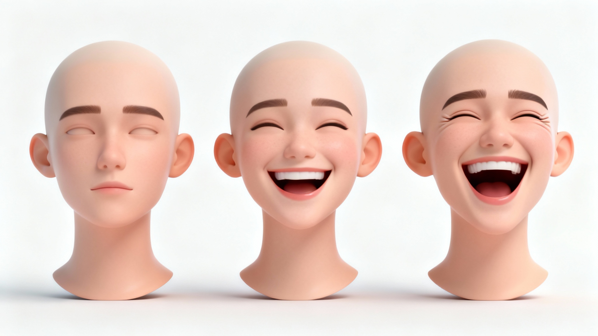 A sequence of three 3D rendered heads against a white background, demonstrating face animation. The first head is neutral, the second is smiling, and the third is laughing exuberantly.