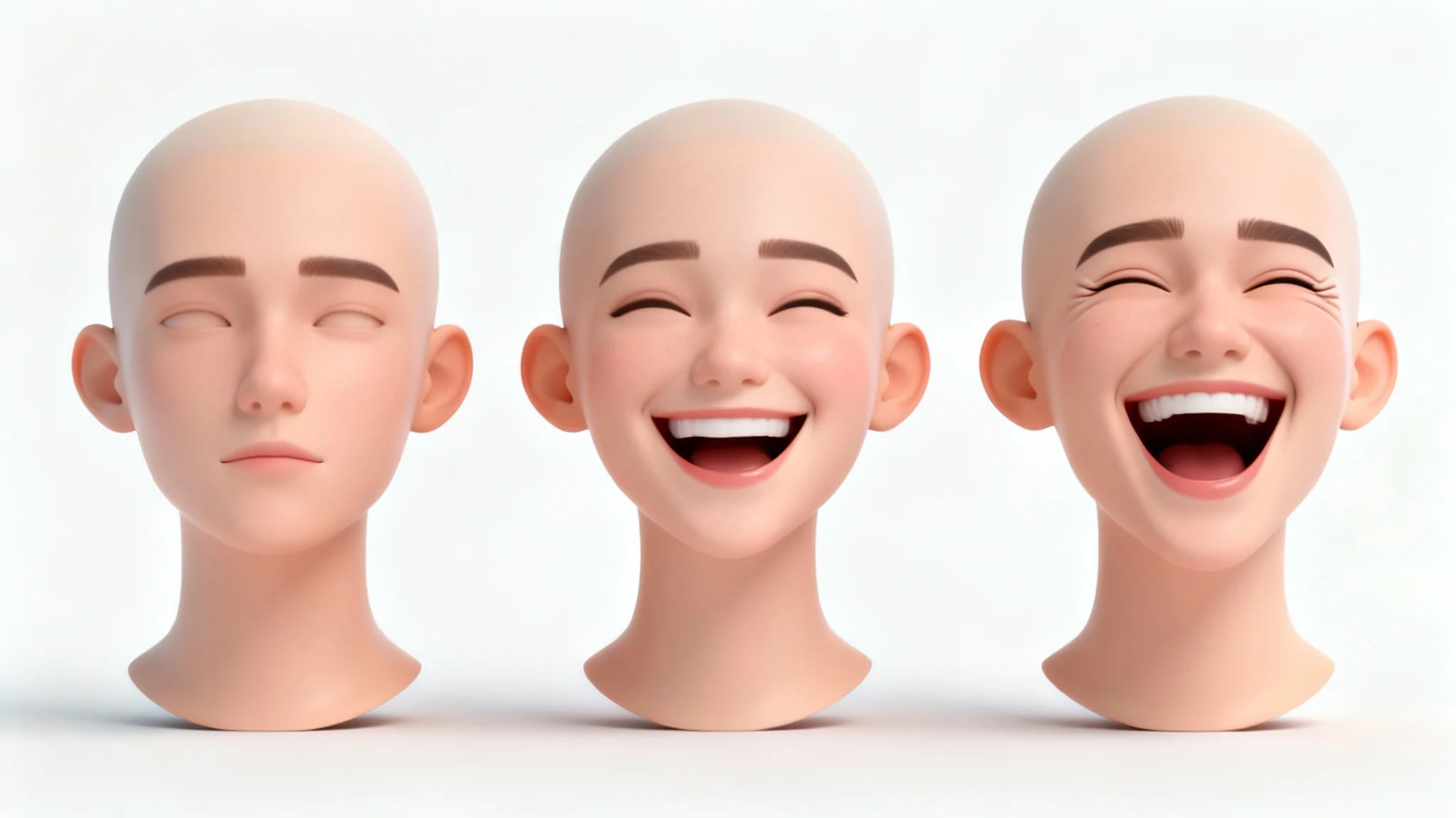 A sequence of three 3D rendered heads against a white background, demonstrating face animation. The first head is neutral, the second is smiling, and the third is laughing exuberantly.