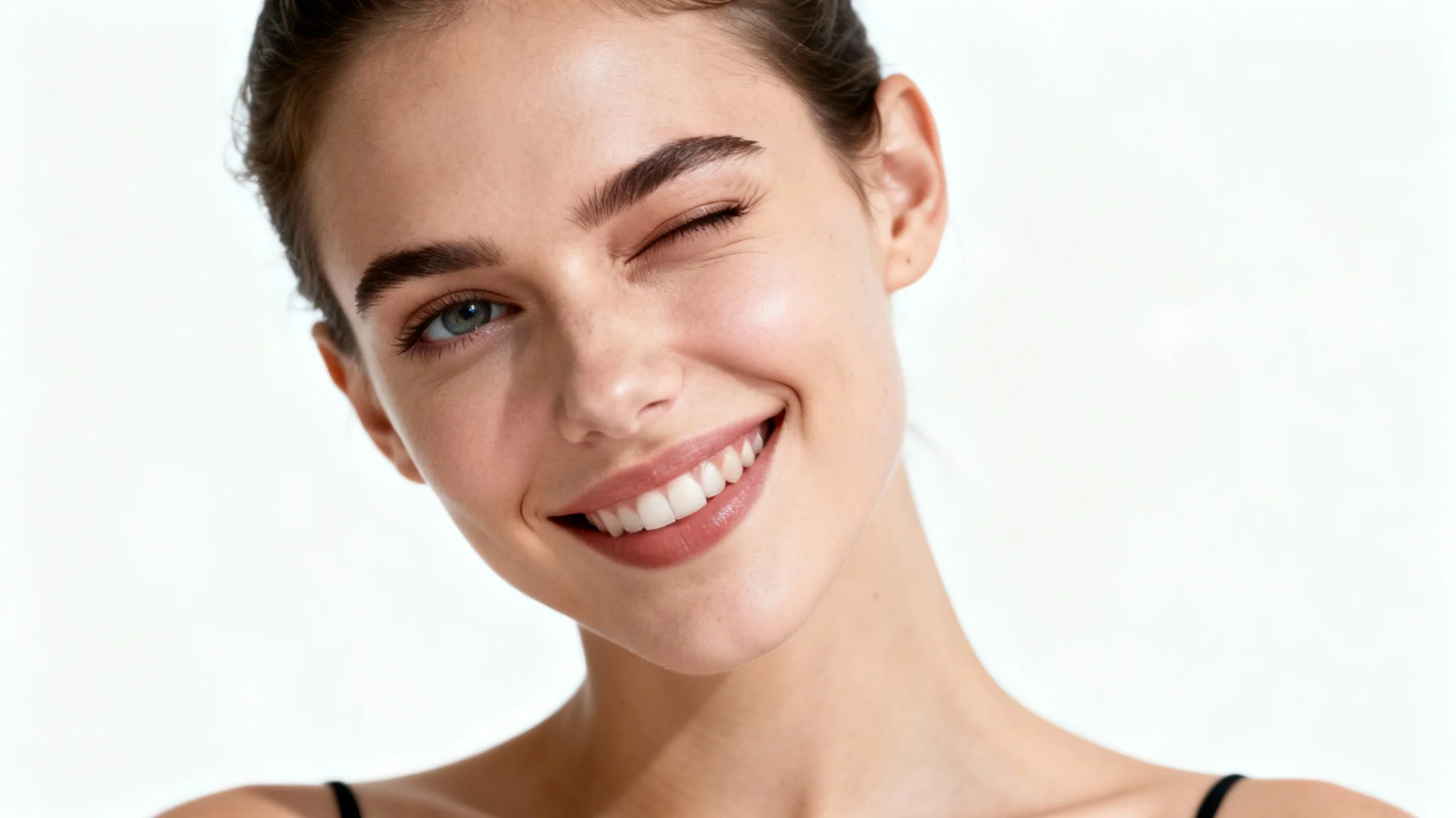A photorealistic close-up of a woman mid-wink with a playful smile, set against a plain white background to illustrate the concept of face animation.