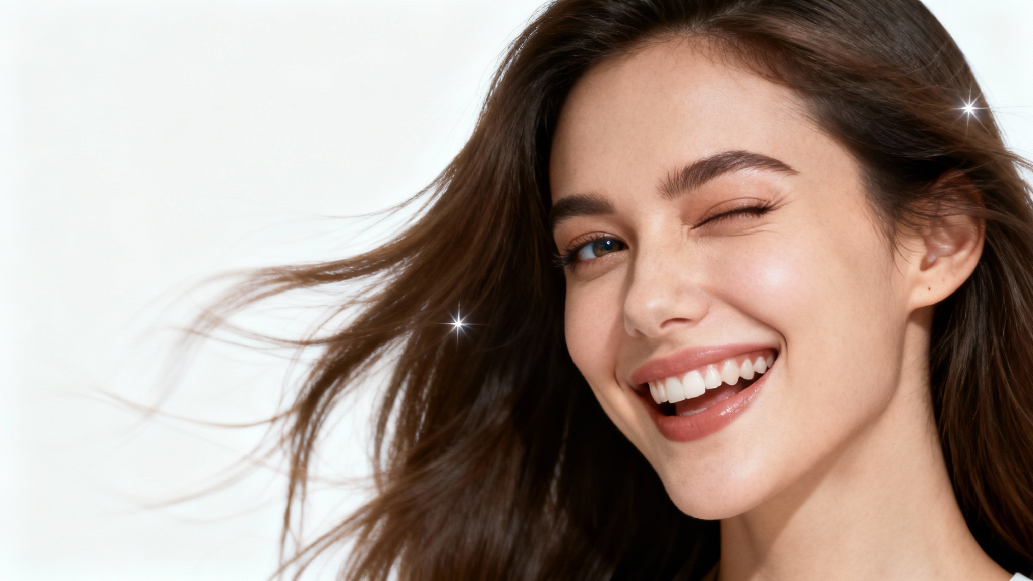 A photorealistic image of a woman's face winking, with subtle motion effects suggesting it is being animated from a still photo.