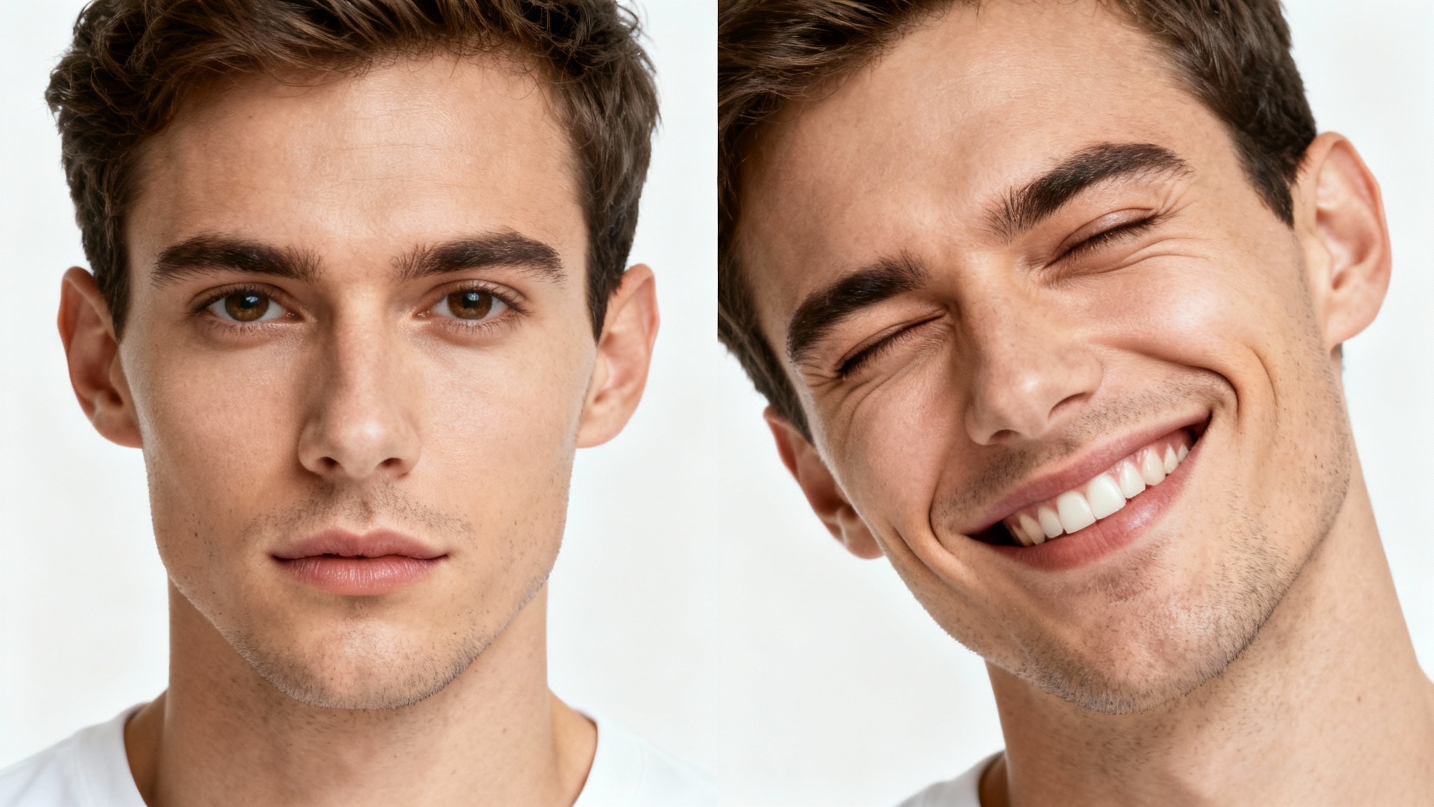 A before-and-after image mockup demonstrating face animation. The 'before' image shows a man with a neutral expression, and the 'after' image shows the same man animated, winking and smiling.