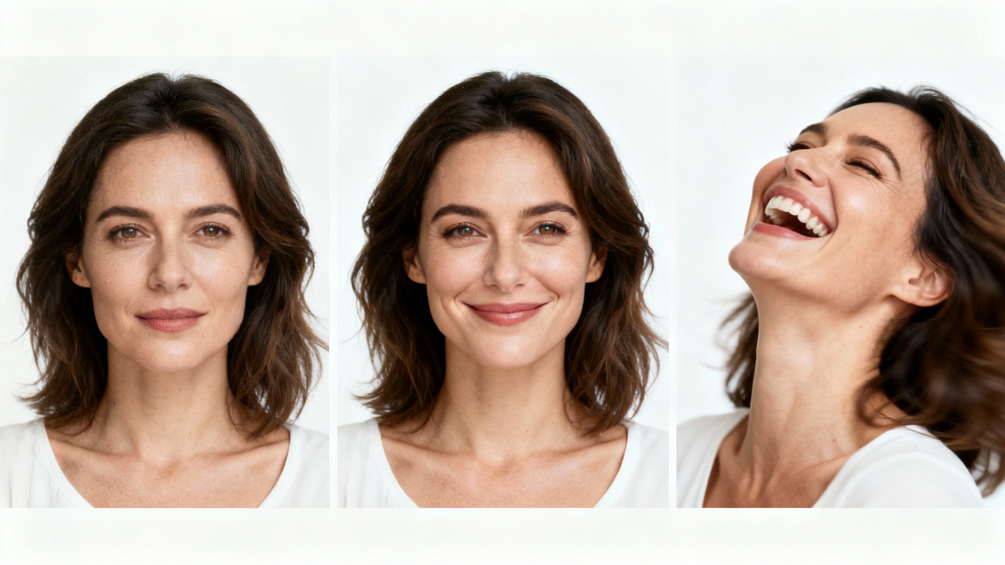 A sequence of three images against a white background, demonstrating face animation. A woman's portrait goes from a neutral expression, to a slight smile, to a full, joyful laugh.