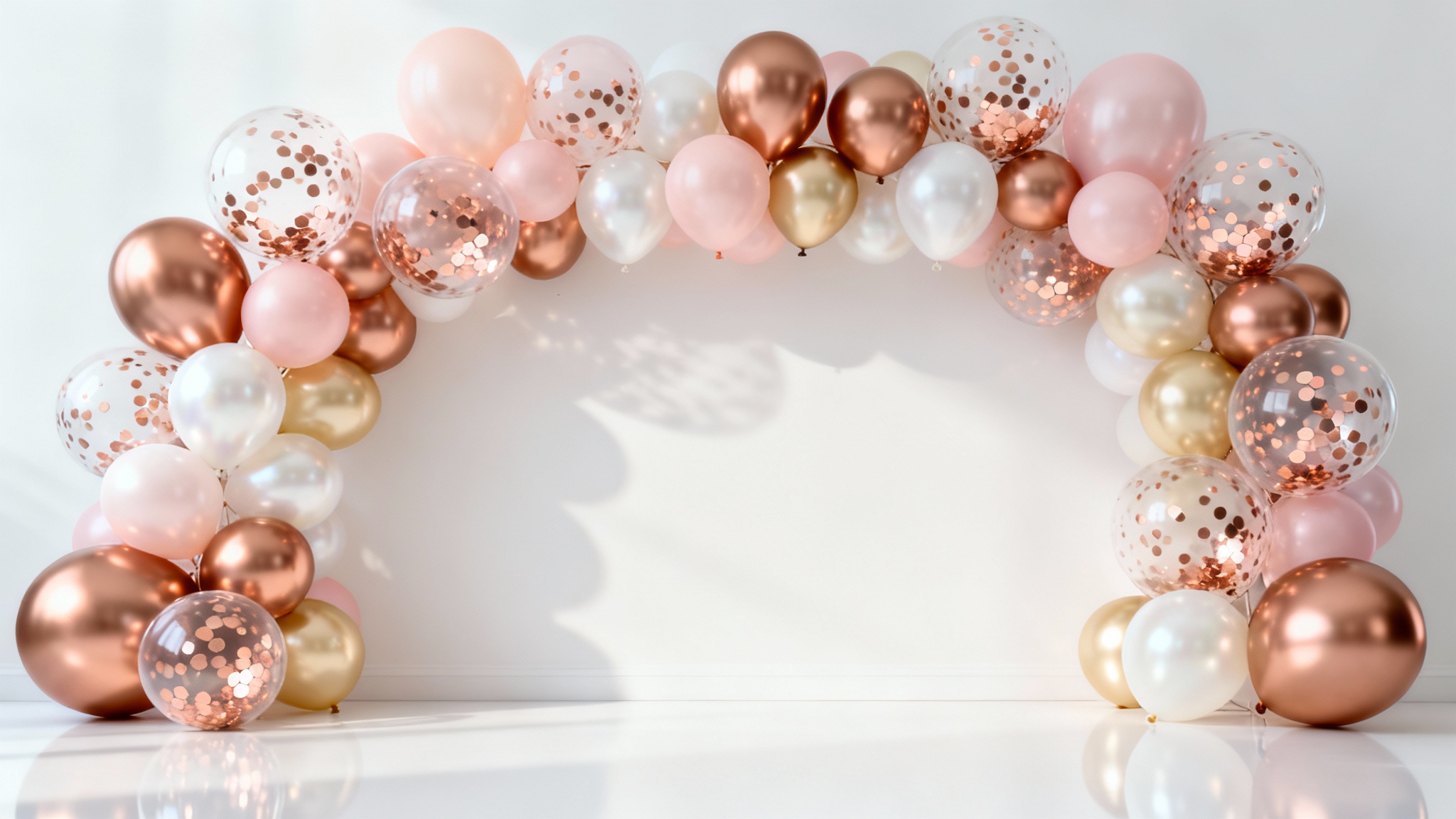 An elegant, asymmetrical balloon arch photo backdrop featuring rose gold, blush pink, and white balloons, designed for a party or event, set against a clean white background.