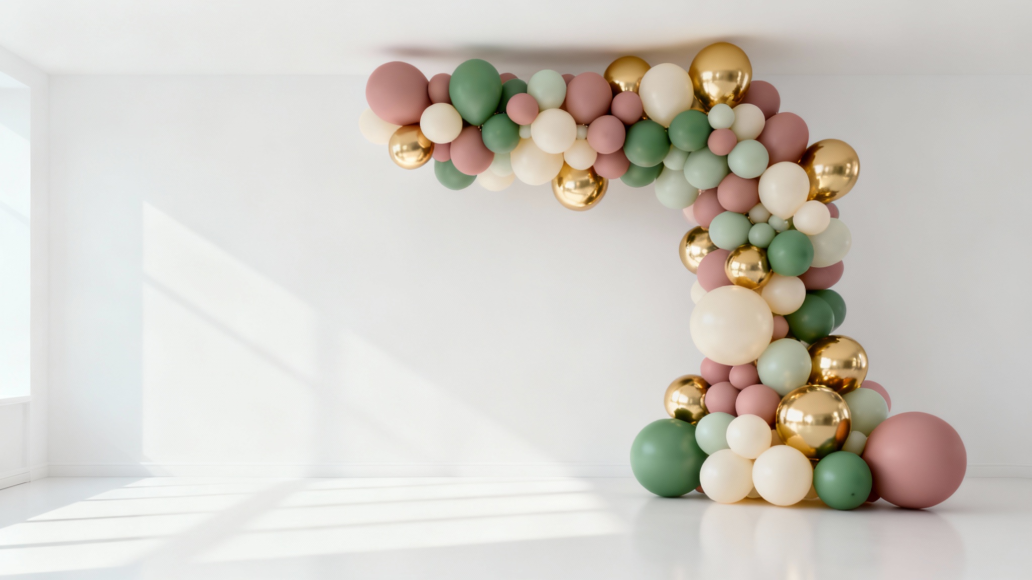 An elegant balloon arch photo backdrop featuring a modern mix of dusty rose, sage green, and gold balloons of various sizes, set against a clean white background.