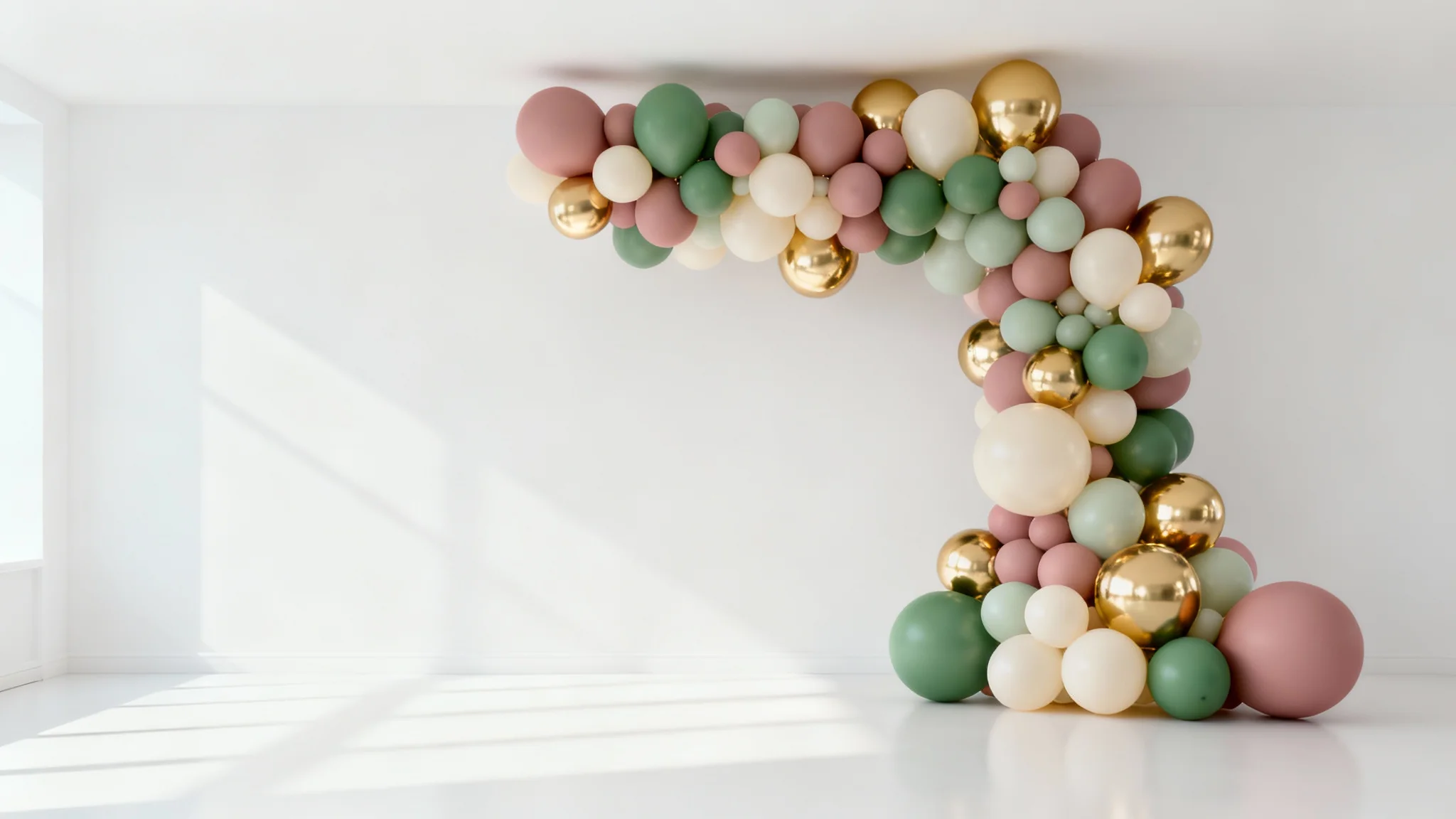 An elegant balloon arch photo backdrop featuring a modern mix of dusty rose, sage green, and gold balloons of various sizes, set against a clean white background.