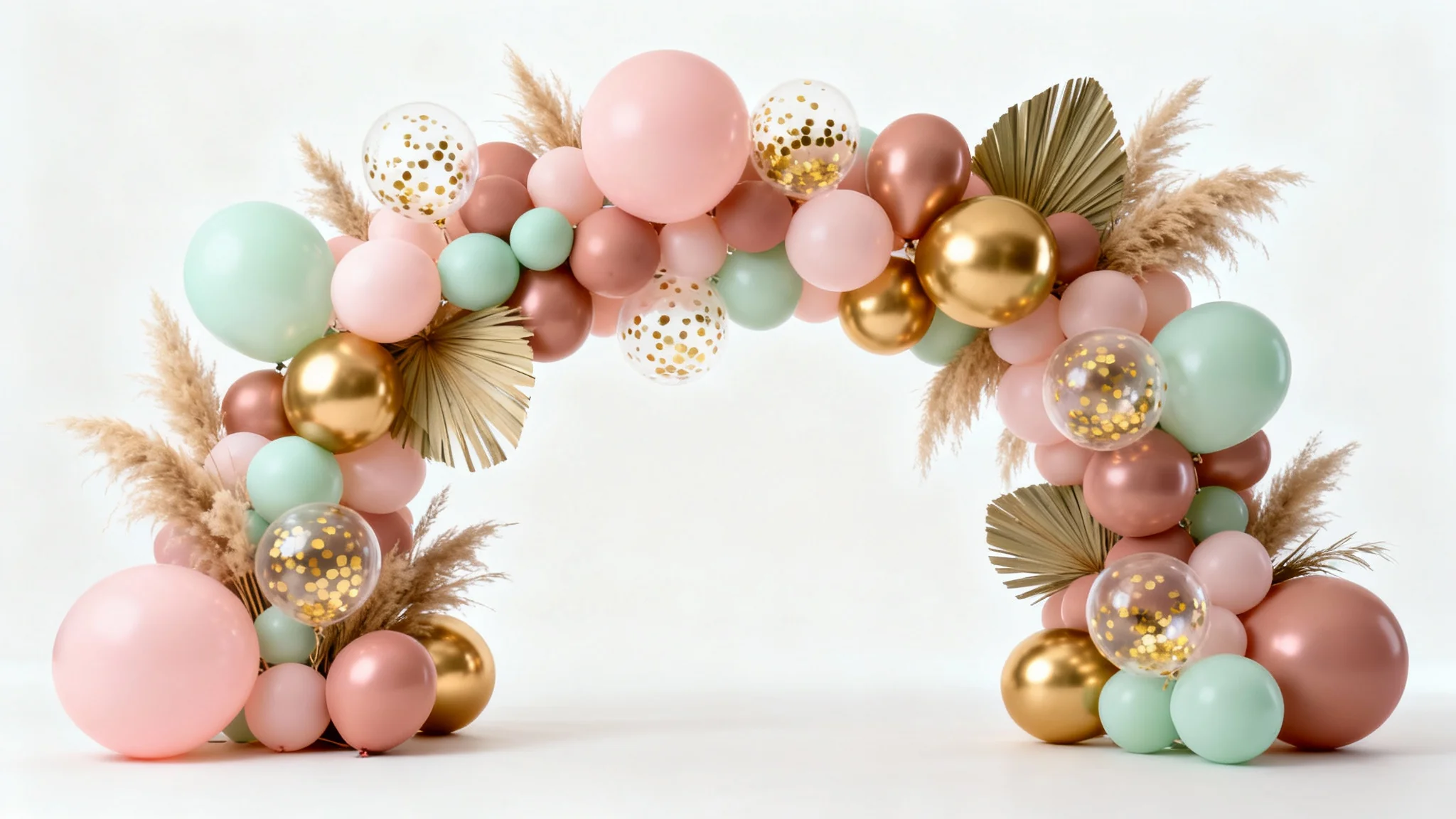 An elegant balloon arch photo backdrop with pink, mint, and gold balloons, decorated with pampas grass and palm leaves, against a plain white background.