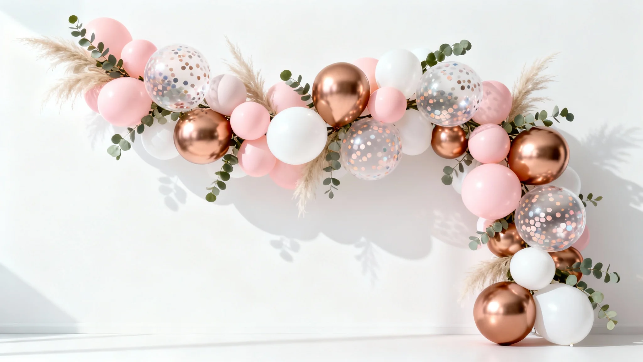 A beautiful, modern balloon arch in pink, rose gold, and white, decorated with pampas grass, set against a clean white background as a photo backdrop.