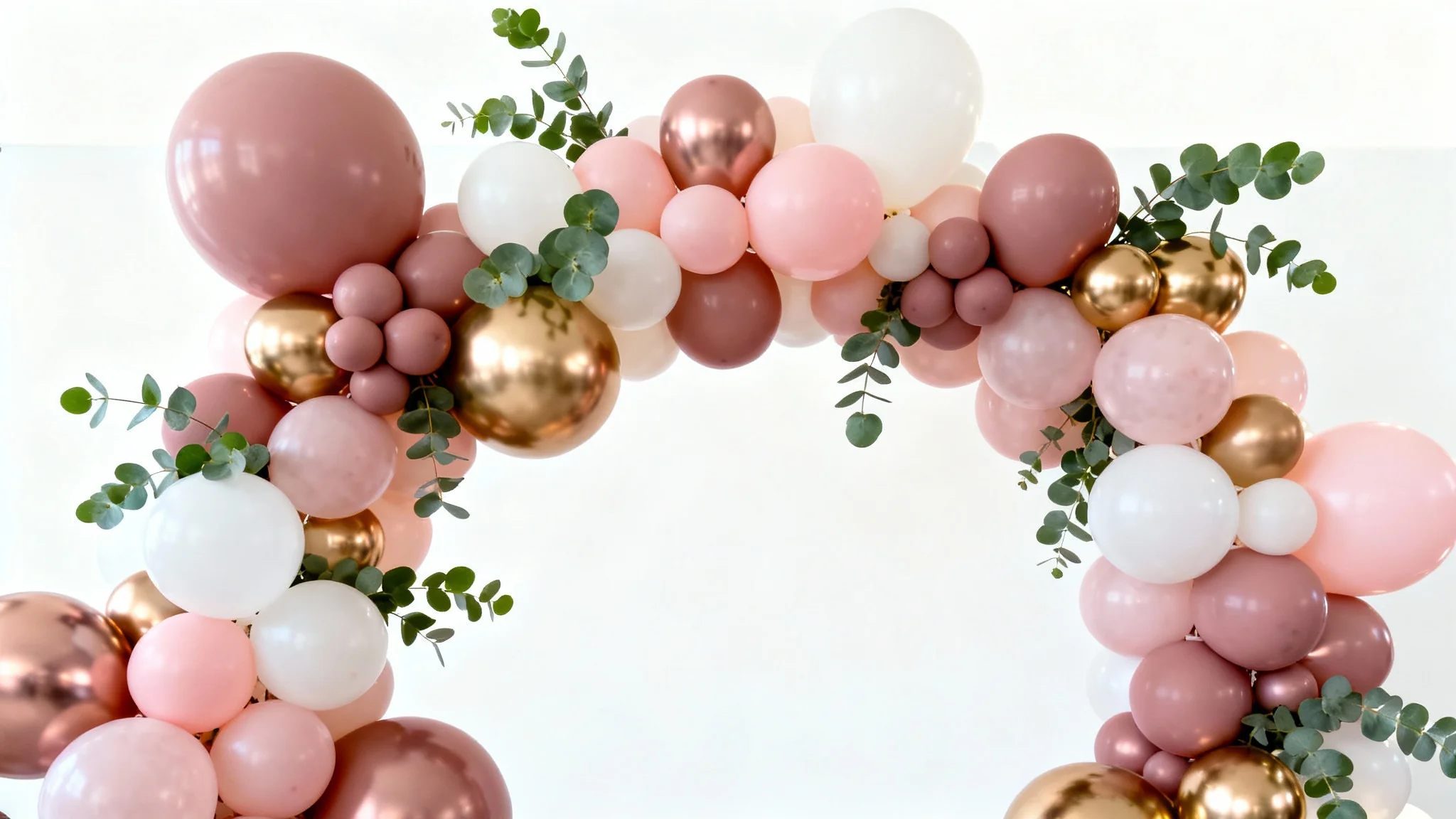 An elegant balloon arch photo backdrop in shades of pink, white, and gold, decorated with eucalyptus leaves, set against a clean white background.