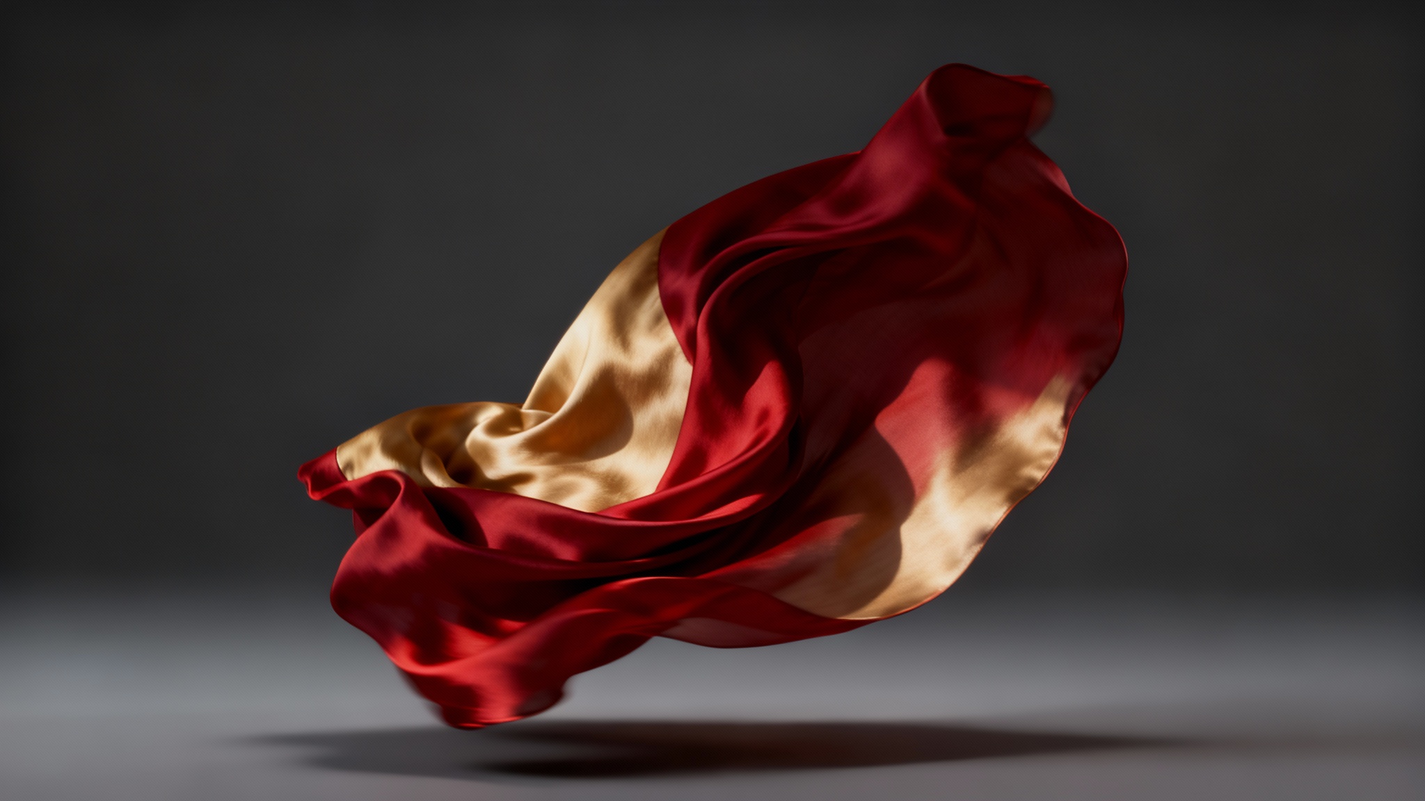 A hyperrealistic digital rendering of a piece of red and gold silk fabric frozen in mid-air, demonstrating the realistic folds and shadows produced by a cloth simulation tool.