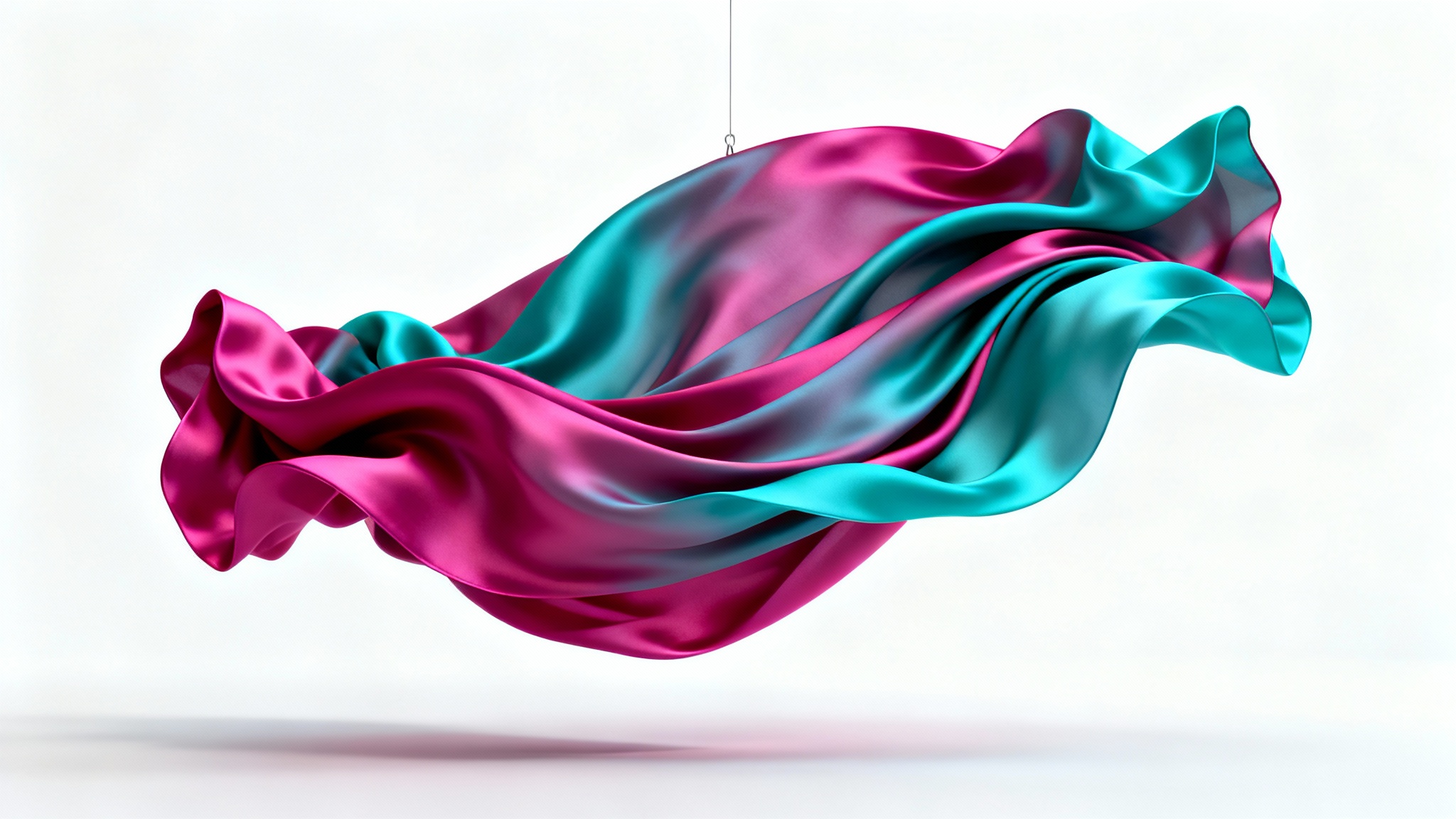 A photorealistic render of a vibrant piece of silk fabric frozen in a dynamic, swirling motion against a plain white background, showcasing the complexities of cloth simulation.