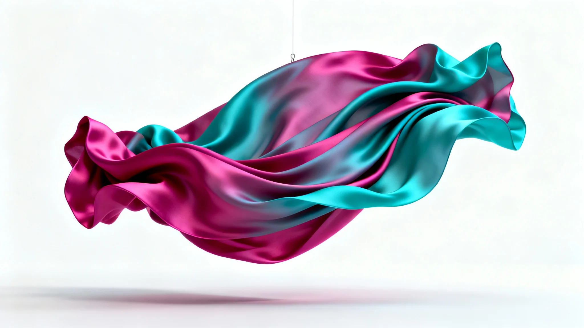 A photorealistic render of a vibrant piece of silk fabric frozen in a dynamic, swirling motion against a plain white background, showcasing the complexities of cloth simulation.