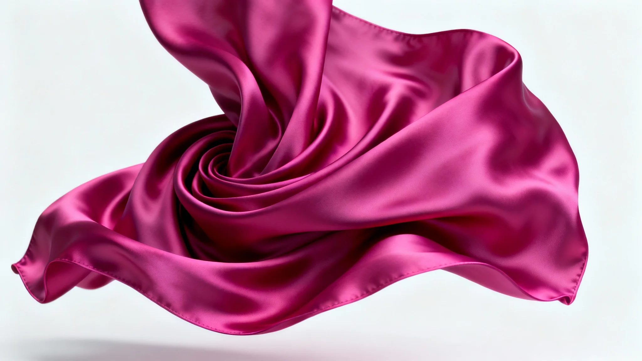 A hyper-realistic rendering of a vibrant magenta silk cloth floating and draping in mid-air against a white background, demonstrating the complex folds and ripples of advanced cloth simulation.