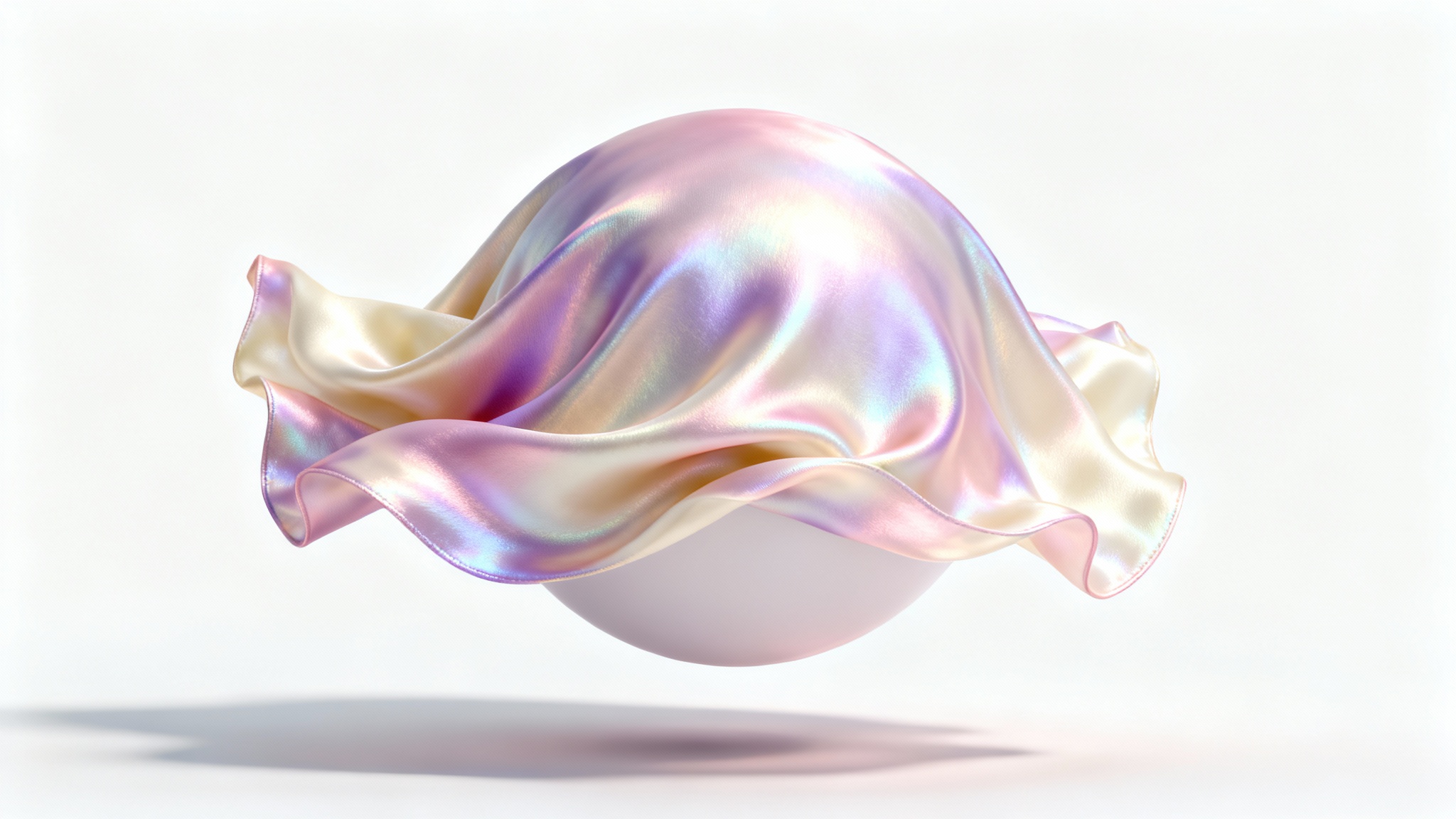 A photorealistic 3D rendering of a piece of iridescent silk fabric draping over an invisible object against a white background, showcasing realistic folds and shadows from a cloth simulation.
