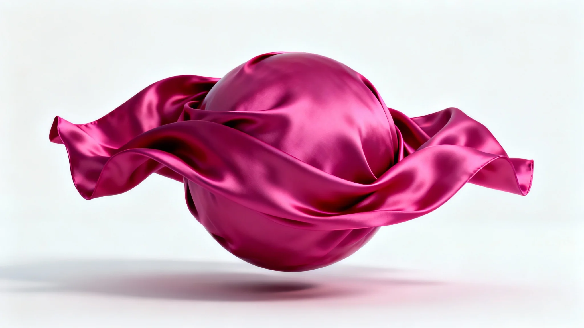 A photorealistic 3D render of a cloth simulation, showing a vibrant magenta silk fabric draping elegantly over an invisible shape against a solid white background.