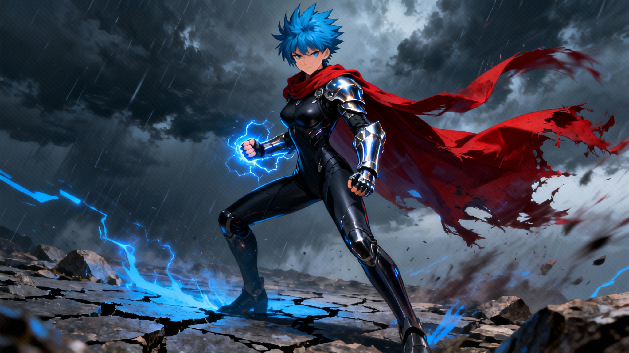 A full-body digital illustration of a powerful anime warrior with short, spiky blue hair. She stands in a dynamic pose on rocky terrain, wearing a black bodysuit and metallic armor, with a long red cape flowing behind her. Blue energy emanates from her fist, set against a dark and dramatic background.