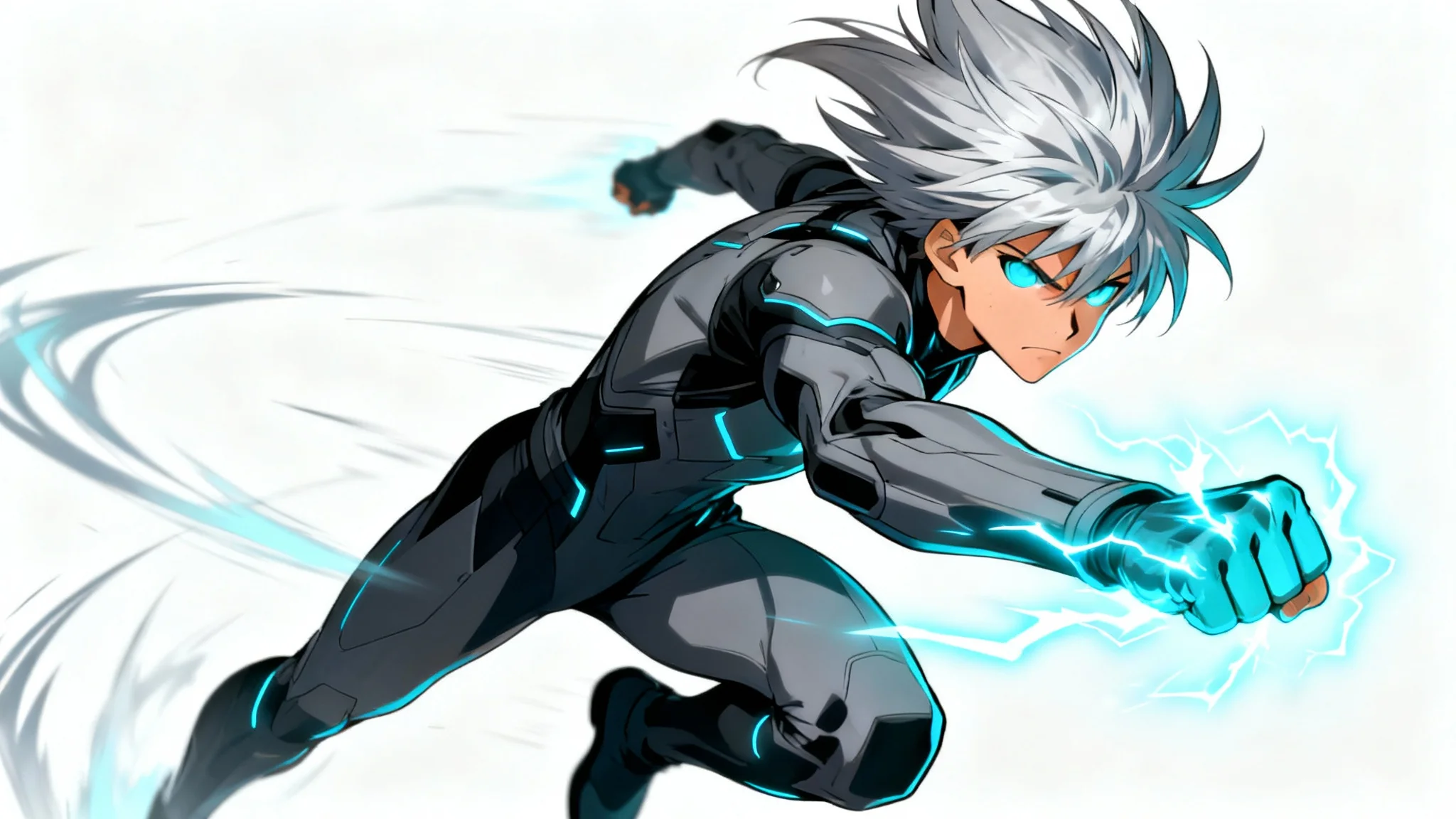 A full-body illustration of a strong male anime character with silver hair, lunging forward with a fist glowing with blue energy, set against a plain white background.