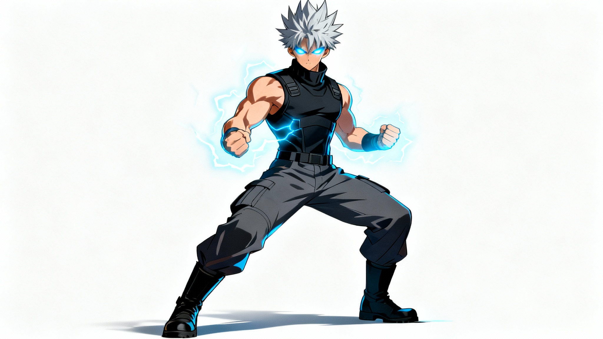 A full-body illustration of a strong male anime character with silver hair and glowing blue eyes, standing in a powerful pose against a plain white background.