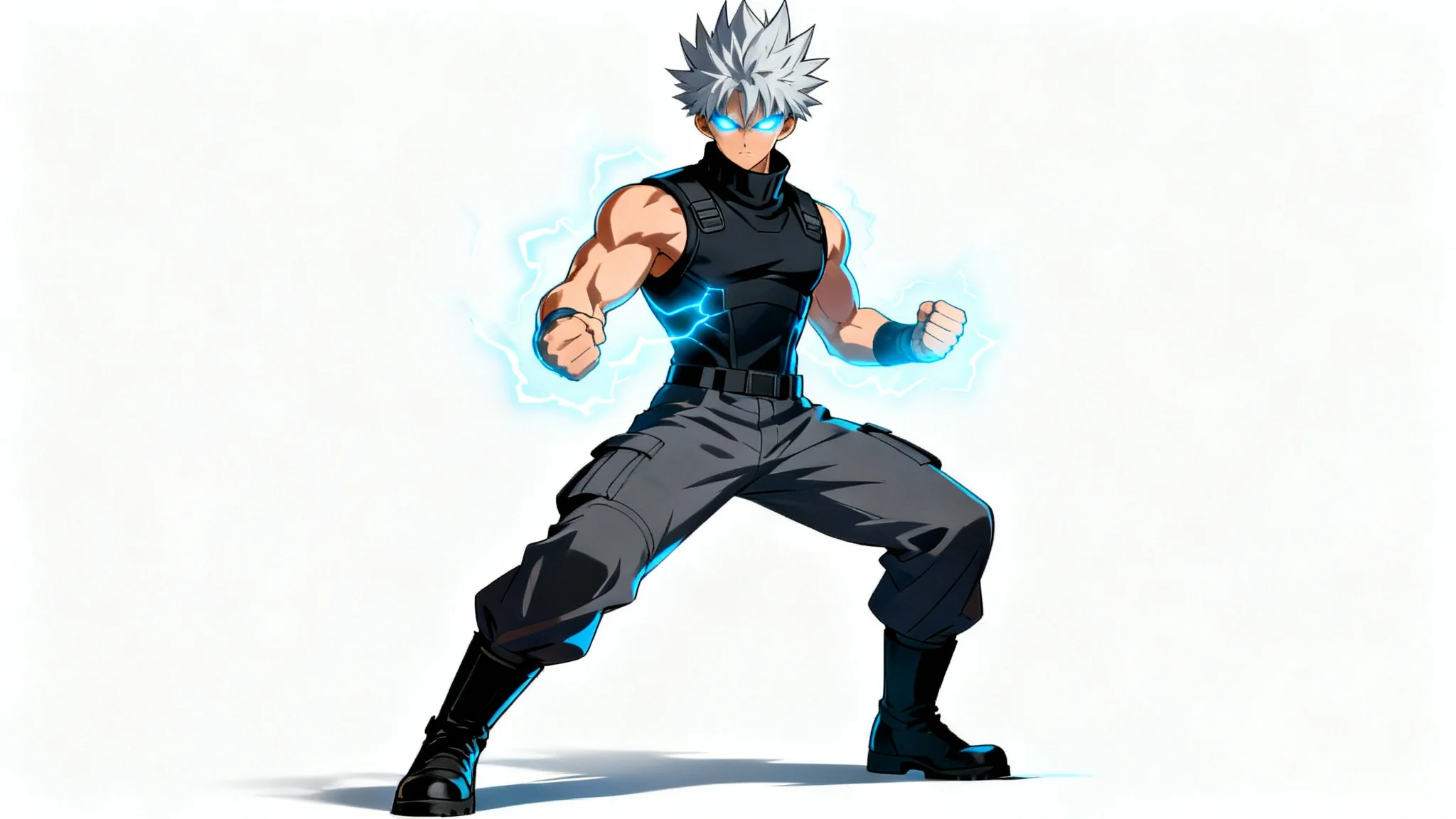 A full-body illustration of a strong male anime character with silver hair and glowing blue eyes, standing in a powerful pose against a plain white background.
