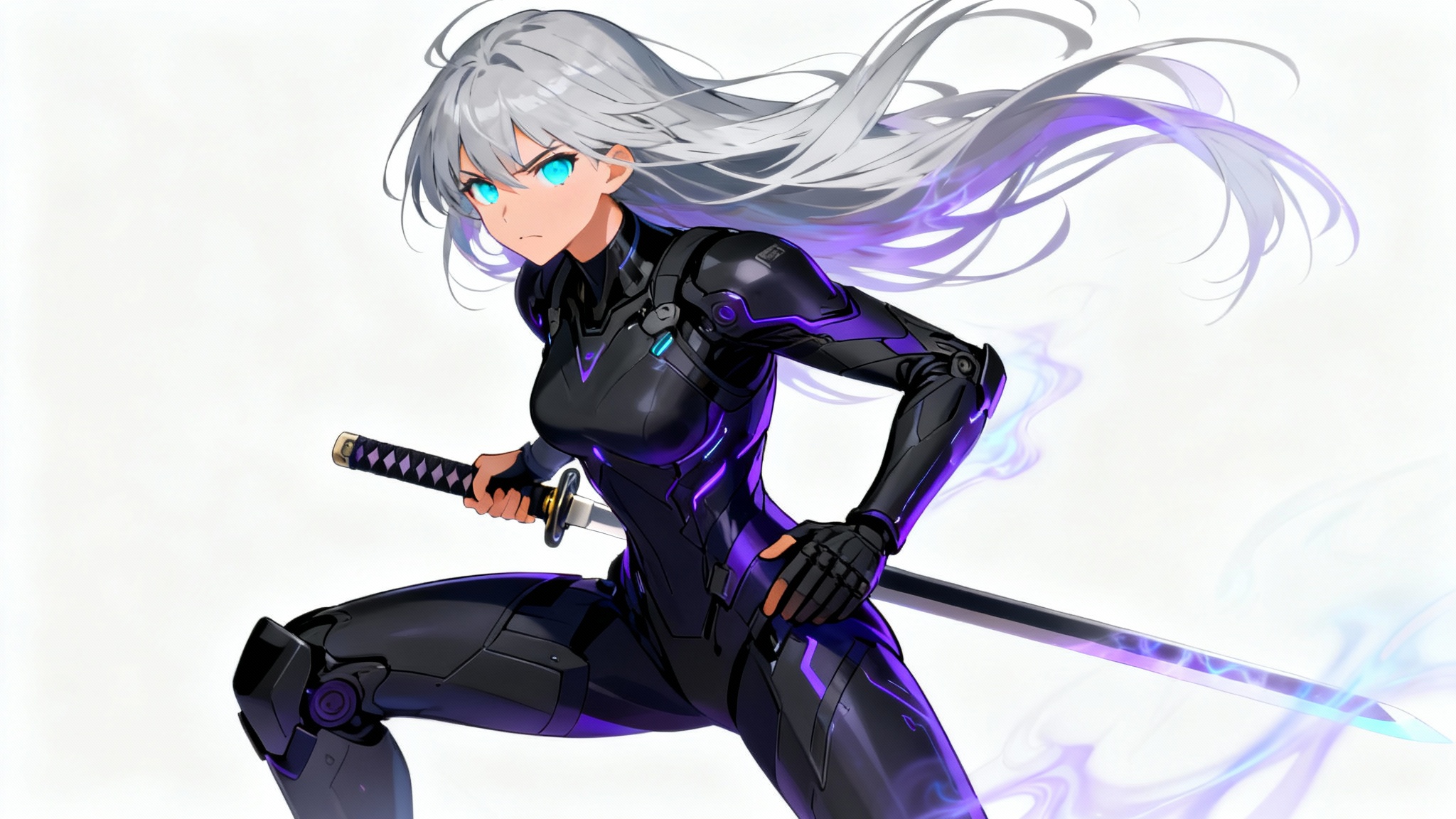 A full-body digital illustration of a strong female anime warrior with silver hair and glowing cyan eyes, posing confidently against a plain white background.
