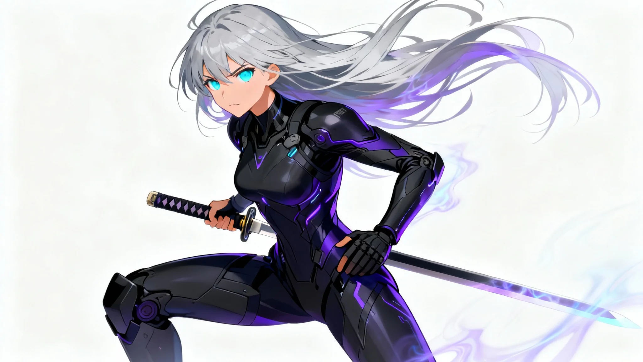 A full-body digital illustration of a strong female anime warrior with silver hair and glowing cyan eyes, posing confidently against a plain white background.