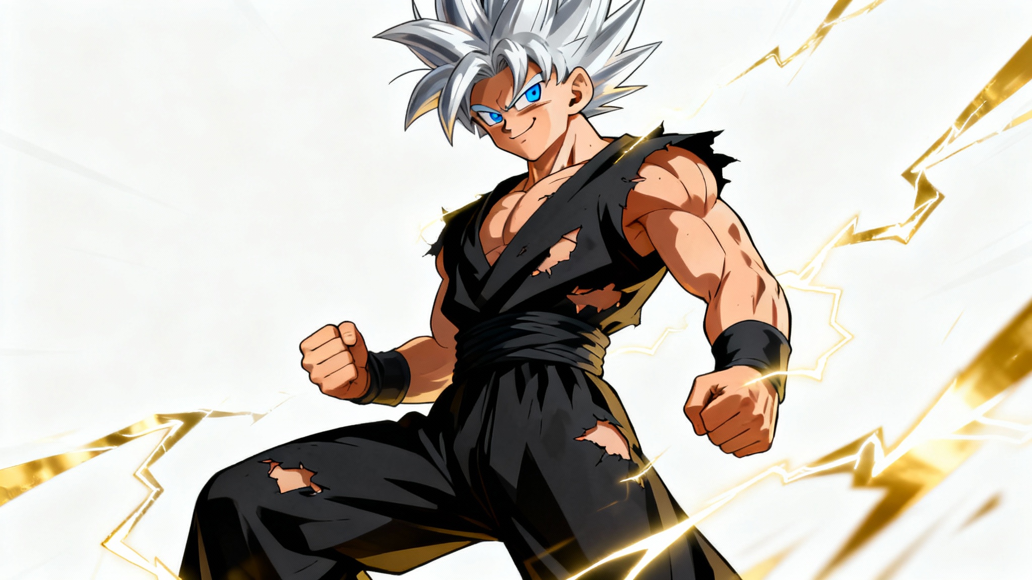 A powerful male anime character with spiky silver hair and glowing golden energy crackling around him, standing against a white background.